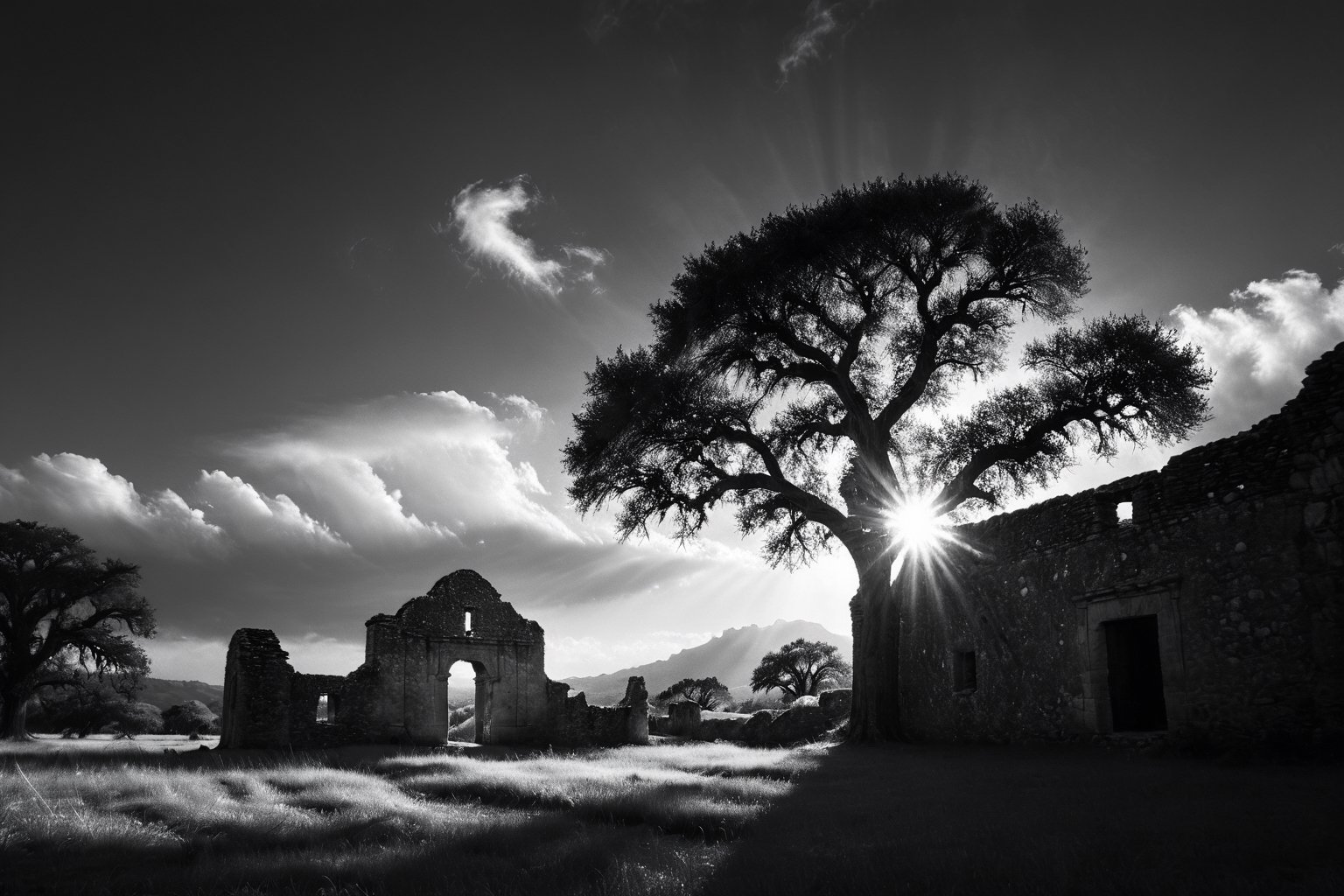 black and white realistic photo, texas hill country,   very large rustic stone built spanish mission san jose ruins in the background, detail and vibrant, barroque style, 8k, sunrise,3D, Masterpiece, black and white, infrared exposure, two thirds rule of photography, adam ansel style, cumulus clouds, hills and live oak tree, medium perspective, sunlight rays shining through oak tree, mysterious, SD1.5, offset focus, perspective at 33 degrees, realistic oak trees and leaves, feng shui style, image subject are balanced