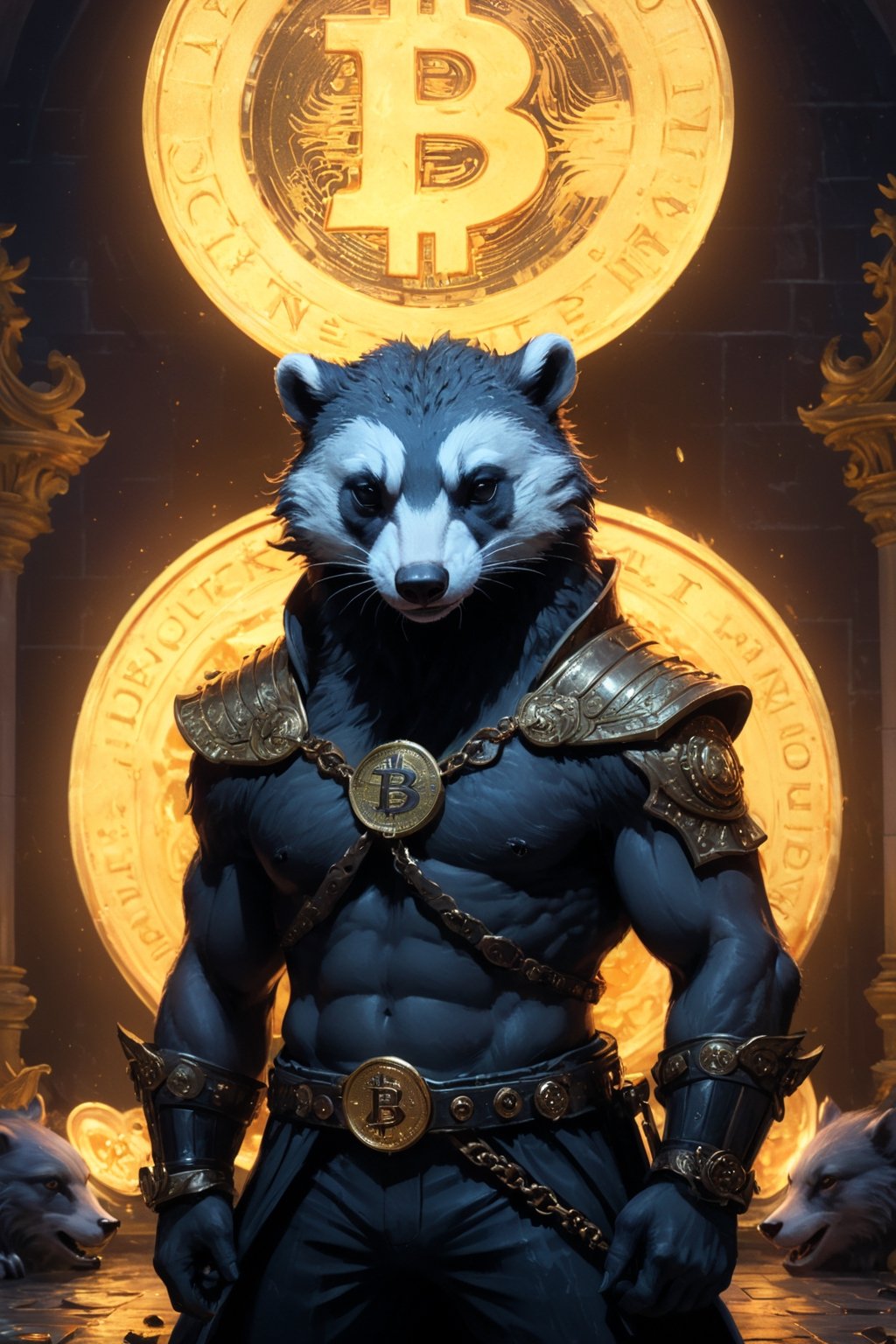 a big solana realistic male badger cartoon coin types on a neon lit black keyboard in the Palace of Versailles to the moon, bitcoin badass hero ((xrp, ethereum, cardano) coins sit on the ground and cry, bitcoin disciplines them with a belt, dark and scary, coins on ground are scared and shaking)), (((bitcoin symbol in the background)) print Apex Predator around the edge of the coin), bitcoin symbol on chest, (((Louis XIII theme))) 