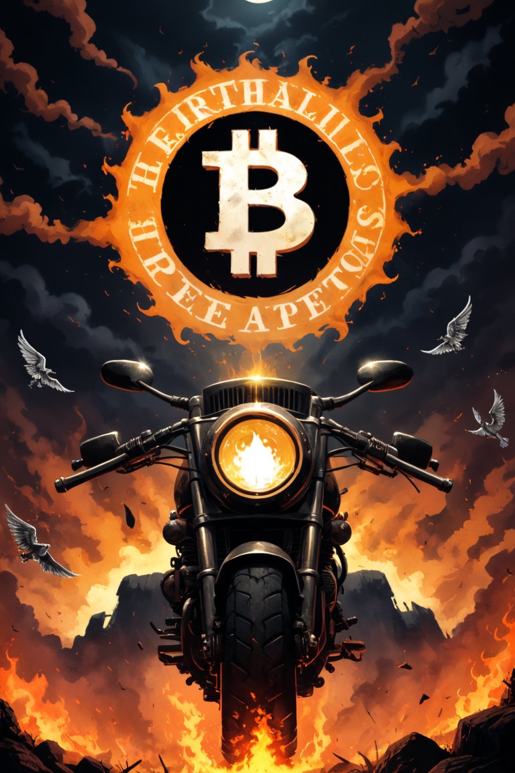 a big bitcoin cartoon coin flies to the moon and yells at various altcoins, bitcoin badass hero ((xrp, ethereum, cardano) coins sit on the ground and cry, bitcoin disciplines them with a belt, dark and scary, coins on ground are scared and shaking)), ((bitcoin symbol in the background has words around the edge that say Apex Predator around the edge of the coin), bitcoin symbol on chest, (((hell's angels motorcycle theme))), ((add text (apex predator) to bitcoin)) acme gothic font.