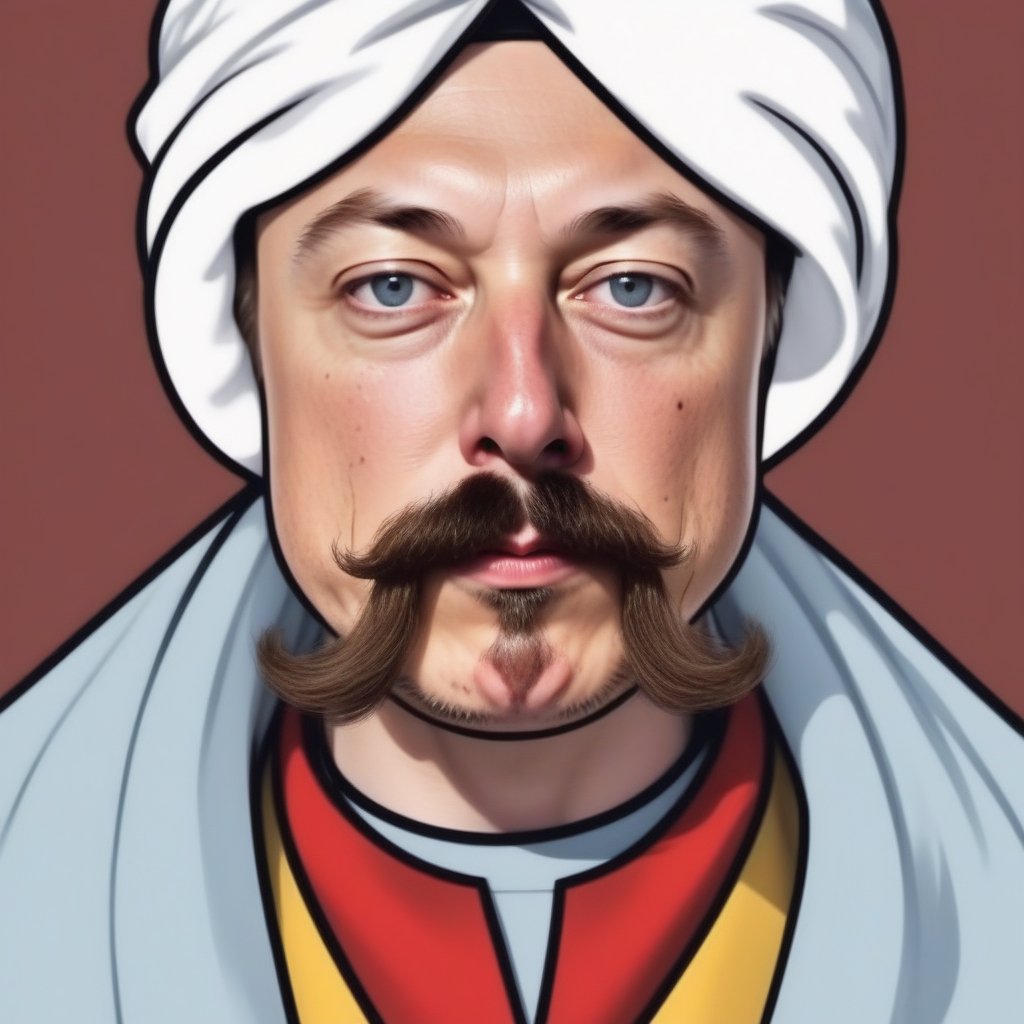 all stays the same, only add elon musk face, lengthy turkish mustache, real clothe turban, cartoonish 