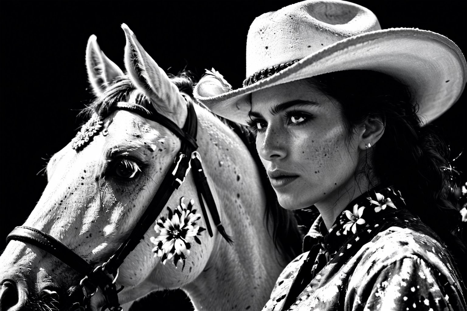 ansel adams style photo of a female charro rider looking down in front of the alamo, battle of flowers parade, horse with flowers, modern rainbow splatter paint, monet style, artistic layout and feel, high contrast image, 4k image, clear faces, good faces, in focus, black and white image, fiesta, in front of the alamo,SD 1.5, naked