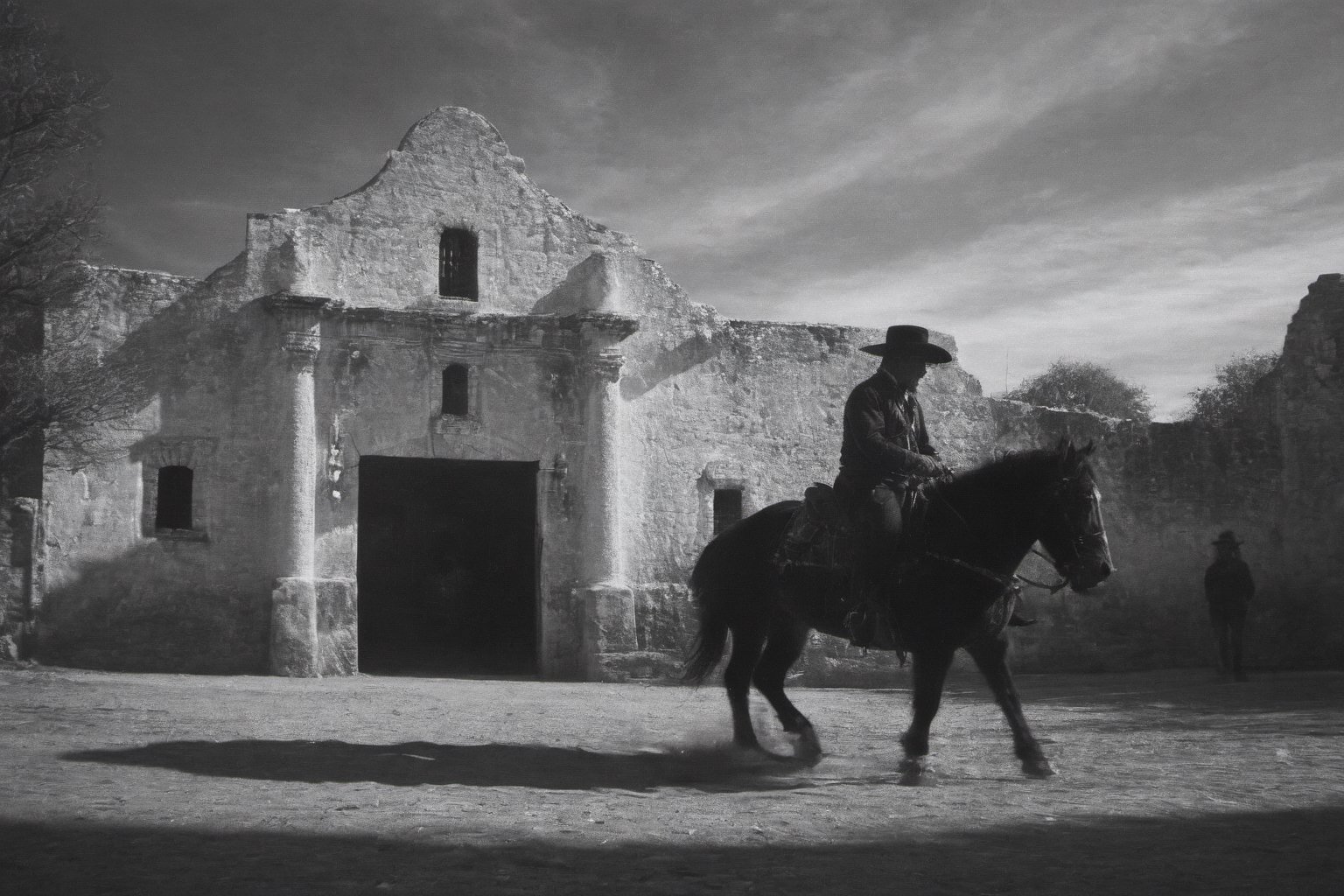 ansel adams style photo of a charro rider in front of the alamo, high contrast photo
