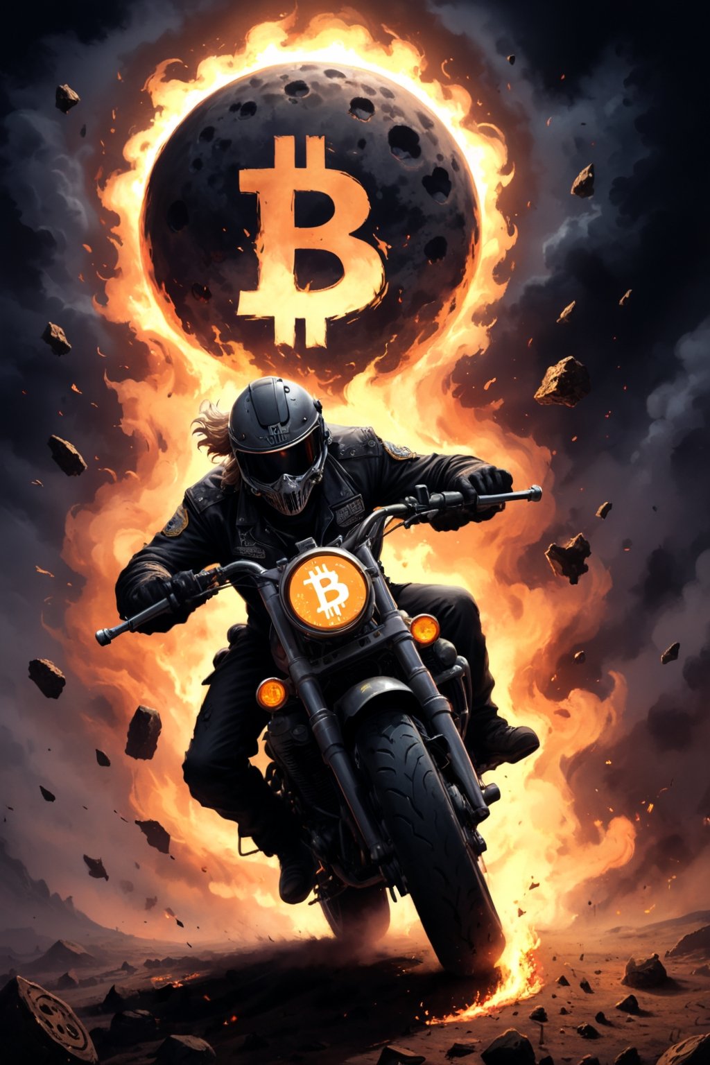 a big bitcoin cartoon coin flies to the moon and yells at various altcoins, bitcoin badass hero ((xrp, ethereum, cardano) coins sit on the ground and cry, bitcoin disciplines them with a belt, dark and scary, coins on ground are scared and shaking)), ((bitcoin symbol in the background has words around the edge that say Apex Predator around the edge of the coin), bitcoin symbol on chest, (((hell's angels motorcycle theme)))