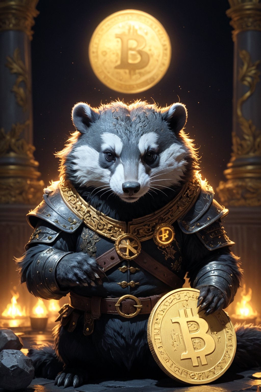 a big solana realistic male badger cartoon coin types on a neon lit black keyboard in the Palace of Versailles to the moon, bitcoin badass hero ((xrp, ethereum, cardano) coins sit on the ground and cry, bitcoin disciplines them with a belt, dark and scary, coins on ground are scared and shaking)), (((bitcoin symbol in the background)) print Apex Predator around the edge of the coin), bitcoin symbol on chest, (((Louis XIII theme))) Fur is white on top of back and head and black below