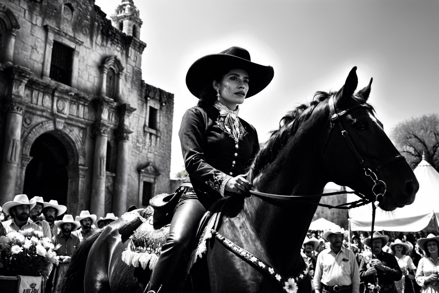 ansel adams style photo of a nude female charro rider looking up in front of the alamo, mission alamo in background, battle of flowers parade, horse with flowers, modern rainbow splatter paint, monet style, artistic layout and feel, high contrast image, 4k image, clear faces, good faces, in focus, black and white image, fiesta, in front of the alamo,SD 1.5, naked, 