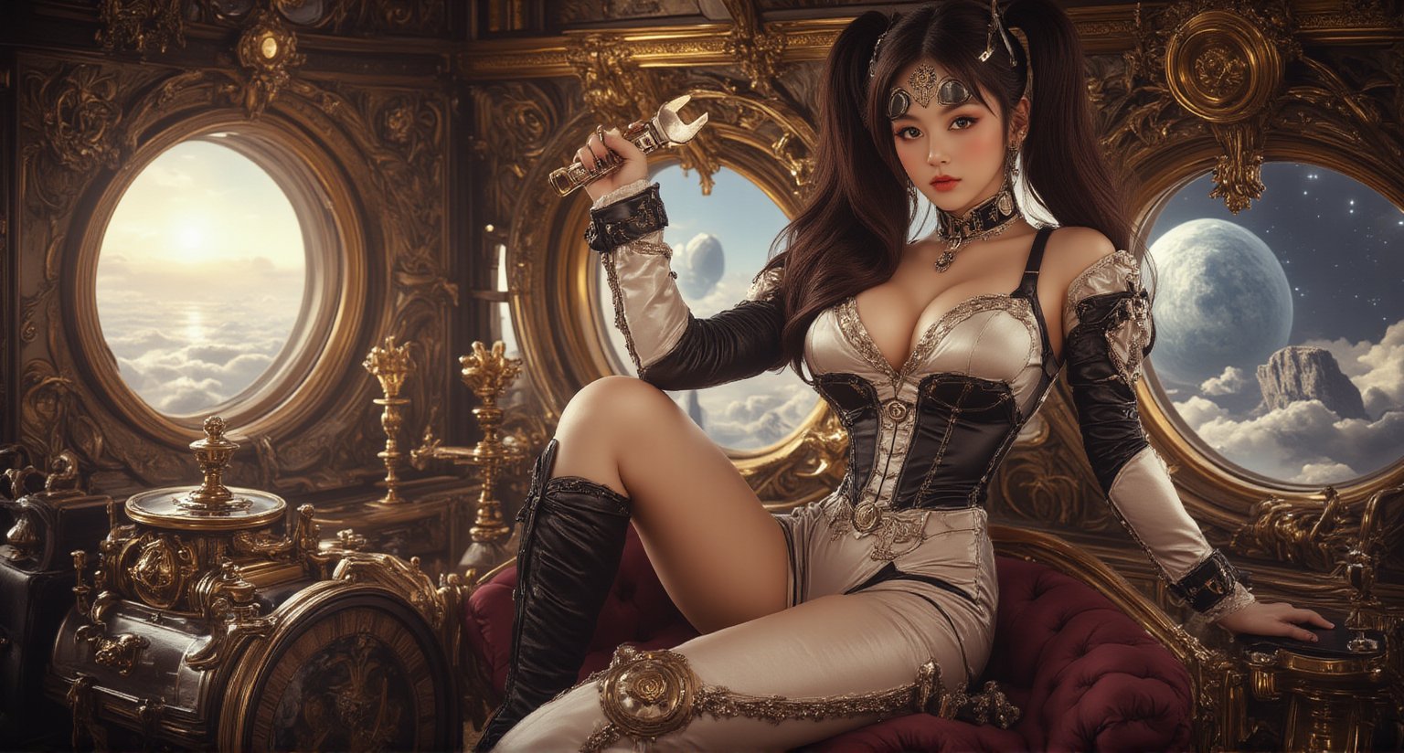 A low-angle shot captures the ravishing pin-up girl amidst a Victorian-style Steampunk  spaceship's opulent interior. Soft golden lighting casts warm glows on her face, highlighting her playful smile and confident pose as she grasps a floating wrench. The steampunk-inspired space suit glistens with bronze gears, leather straps, and brass goggles. In the background, intricate clockwork machinery hums to life, complemented by steering wheel beside her. A round window behind her shows Space and a Giant Planet', while her beauty shines like a beacon amidst the Rococo Steampunk-inspired scenery.,Enhanced all,ArsMJStyle,Anime style,Manga style 