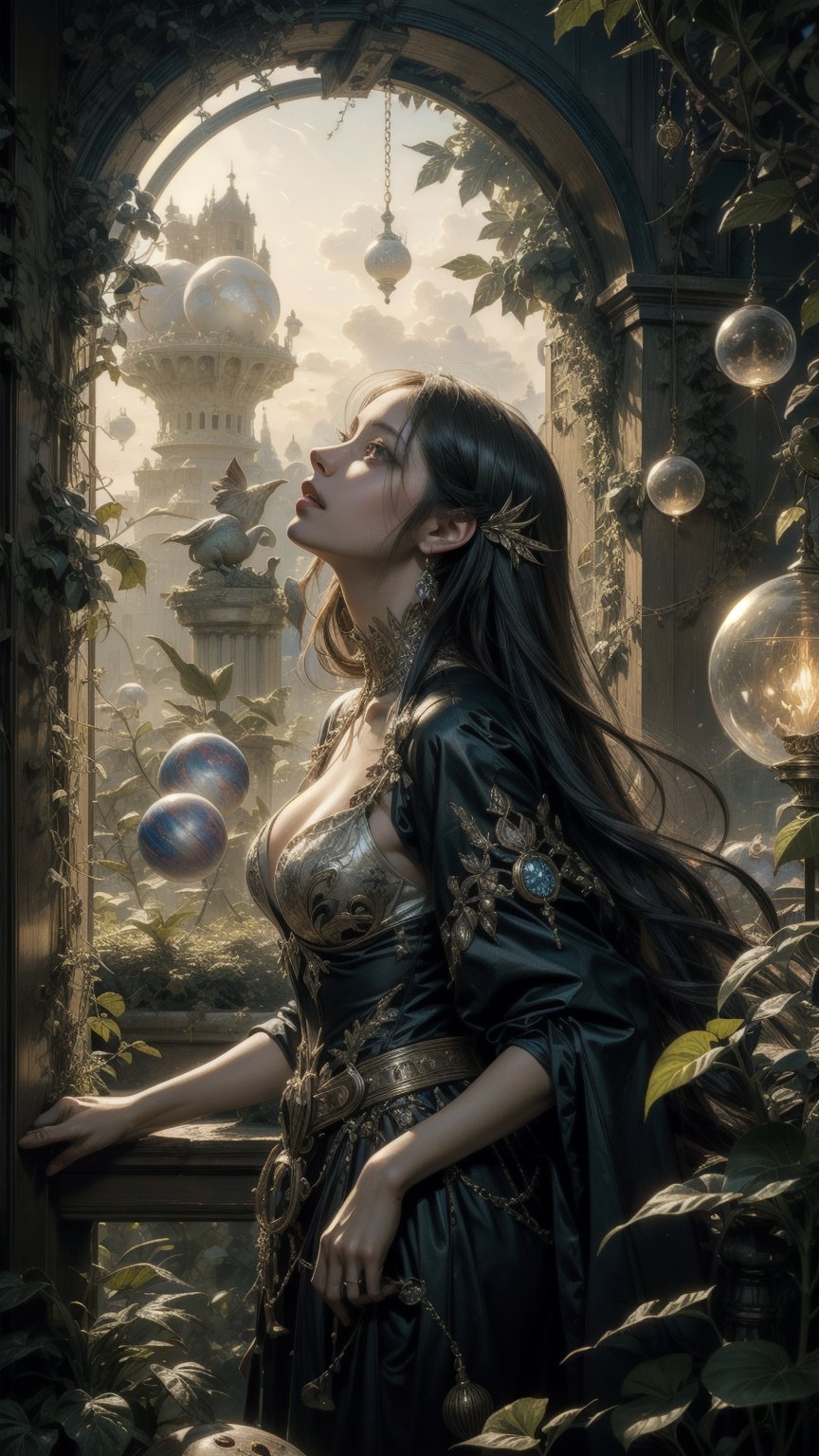 A modern interpretation of Hieronymus Bosch's fantastical creatures, a young girl stands confidently amidst swirling clouds and mystical energies. Her long hair flows like tendrils of ivy, framing her ethereal face as she gazes upward, surrounded by delicate, glowing orbs. The atmosphere is bathed in soft, luminescent light, with subtle shading and texture evoking the intricate detail of Bosch's original works.