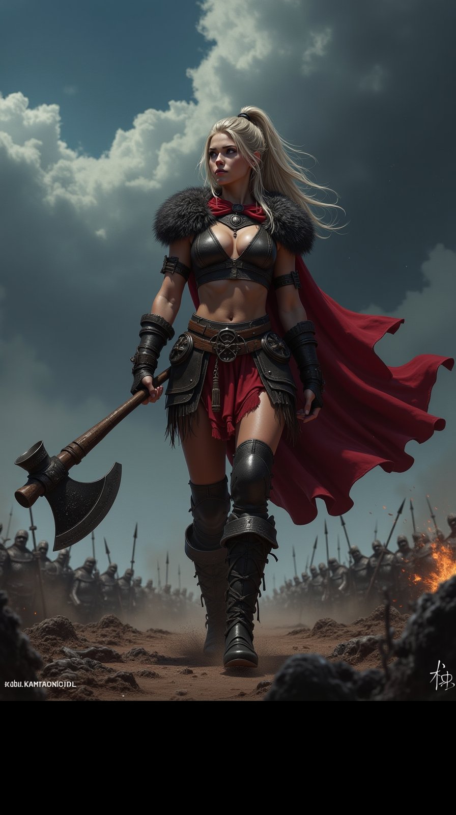 A beautiful and powerful Viking woman strides forward, her revealing leather armor exposing her toned physique, an enormous axe resting on her shoulder. She gazes into the distance, her expression filled with a mix of sorrow and fury. Ominous dark clouds roll overhead, casting long shadows over the battlefield littered with fallen foes, as she stands like a hero born from myth, her crimson cloak billowing in the violent wind.,ct-identityV2