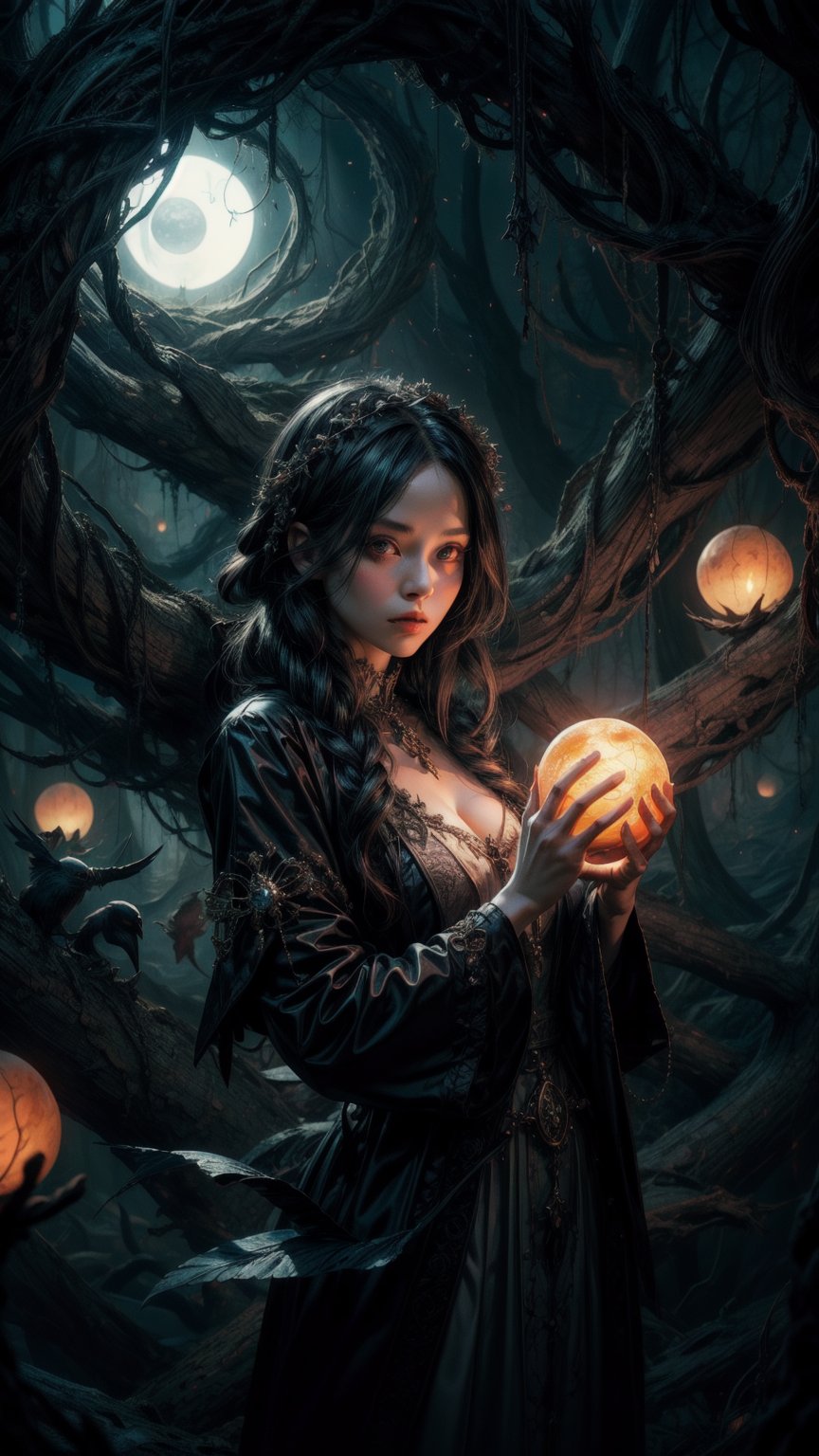 A young girl with porcelain skin and raven-black hair, inspired by the eerie mysticism of Hieronymus Bosch's fantastical creatures, stands amidst a surreal landscape of twisted vines and glowing orbs. Soft focus, warm lighting, and vibrant colors bring her dreamlike world to life,dynamic Pose