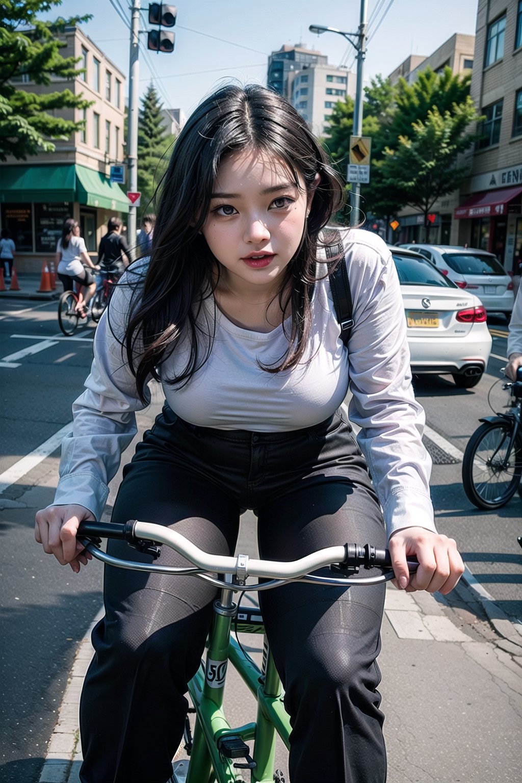 a slightly chubby Indonesian woman who is beautiful and charming is seen riding a black and green bicycle. She is dressed in a white shirt and black pants, giving off a casual and relaxed vibe. The bicycle is parked on a brick sidewalk, with a blue building serving as the backdrop. The woman appears to be in motion, adding a dynamic element to the scene.