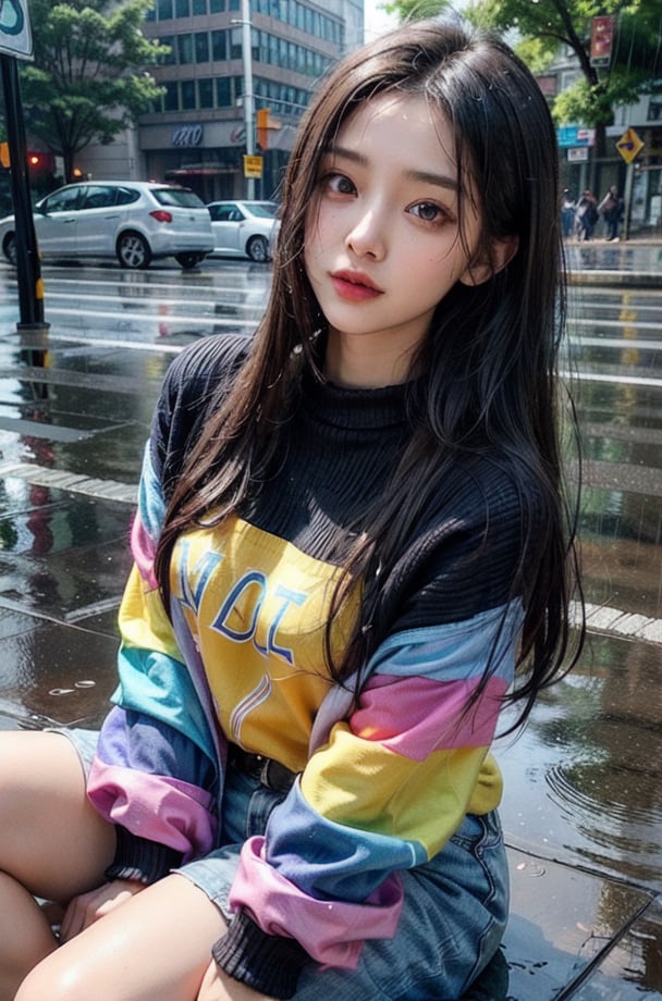 a beautiful woman, black hair, wearing a rainbow colored sweater, sitting on a sidewalk covered in rainwater, lightning effect, heavy rain