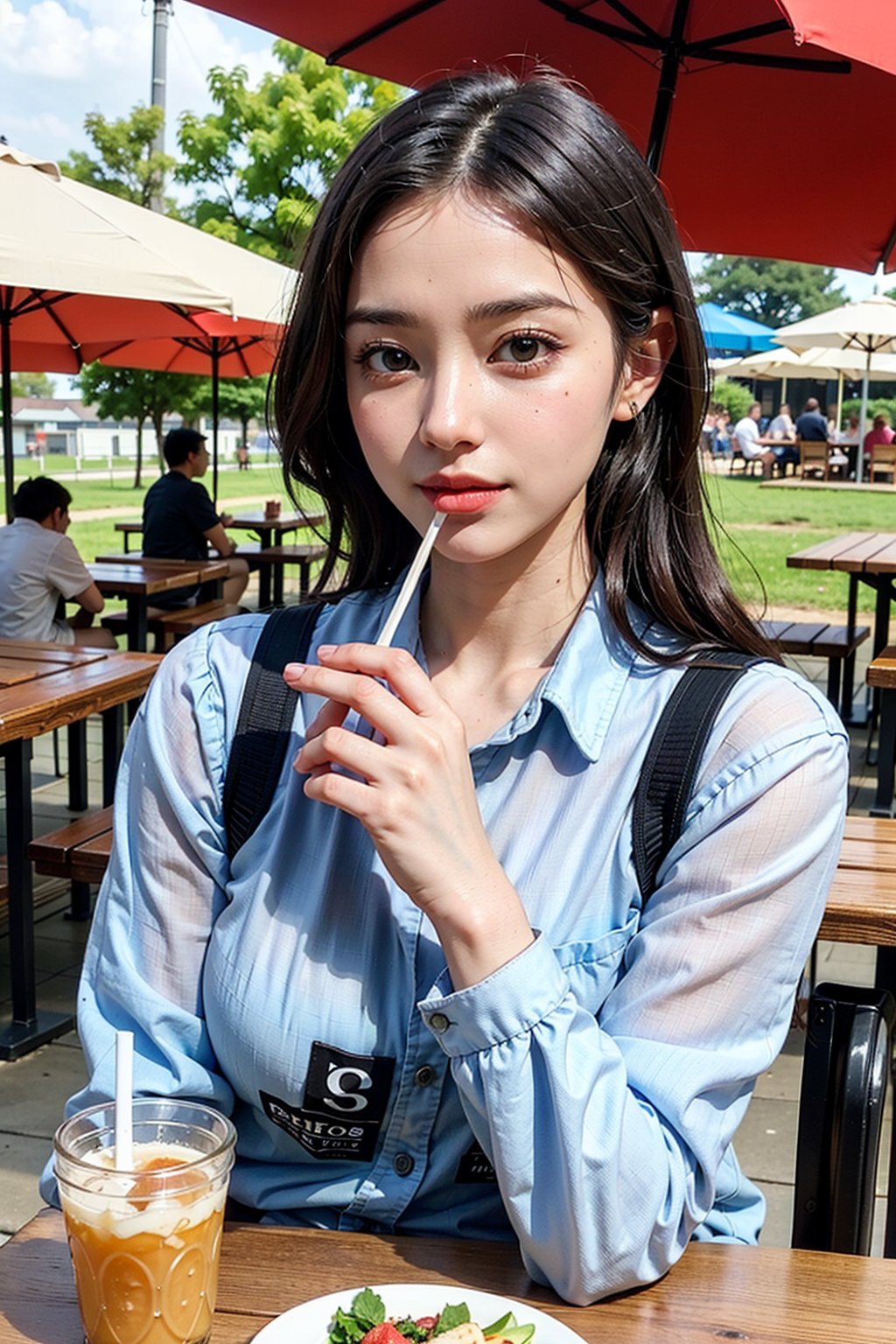 a young woman sitting at a picnic table, holding a straw in her mouth and sipping from a coconut. The table is surrounded by other picnic tables, and there is a food stand in the background. The woman appears to be enjoying her time outdoors.