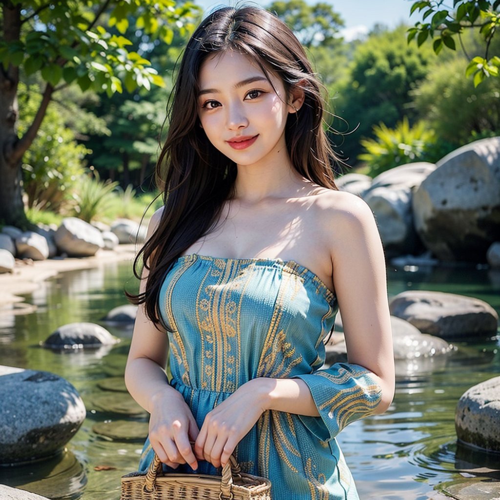 a young asian woman standing in a river. She is wearing a strapless, gold-colored dress with intricate patterns and designs. The dress is flowing in the water and she is holding a woven basket in her right hand. She has long dark hair and is smiling at the camera. The background is blurred, but it appears to be a natural setting with trees and rocks. The overall mood of the image is happy and carefree