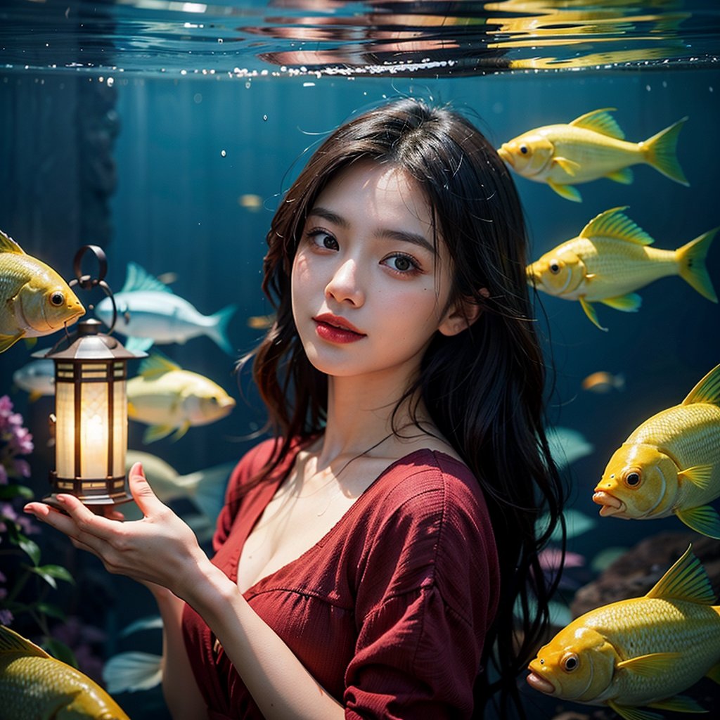 an Asian woman holding a lantern in the water, surrounded by a variety of colorful fish. She is wearing a red dress and has a peaceful expression on her face, as if she is lost in the depths of the ocean. The light from the lantern illuminates her face and the fish around her, creating a beautiful and serene atmosphere