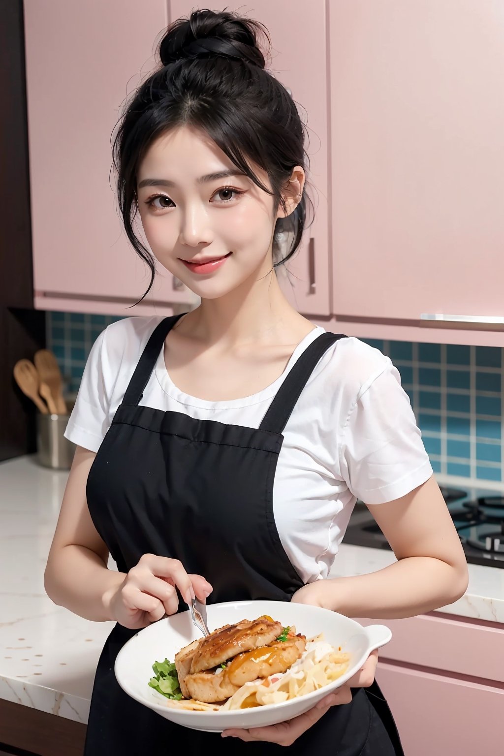 beautiful, 1girl,
(Black hair:1.2), hair tied up into a bun
smile, blue T-shirt under pink apron, hk_girl, holding a big delicious meal dish with both hands, kitchen background, wife, waifu,blurred background