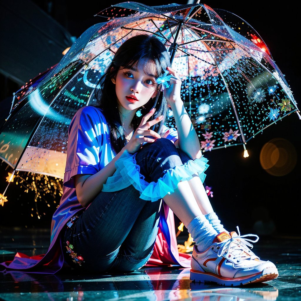 A beautiful Asian woman sits cross-legged on a dark, hazy night ground, surrounded by an ethereal glow emanating from her transparent umbrella adorned with blue fairy lights. She wears a bright red t-shirt and light blue jeans, complemented by white sneakers. The background darkness is punctuated by subtle lighting, highlighting the umbrella's magical ambiance and her serene expression. Trails of soft light radiate from the ground towards her hands, adding to the enchanting atmosphere.