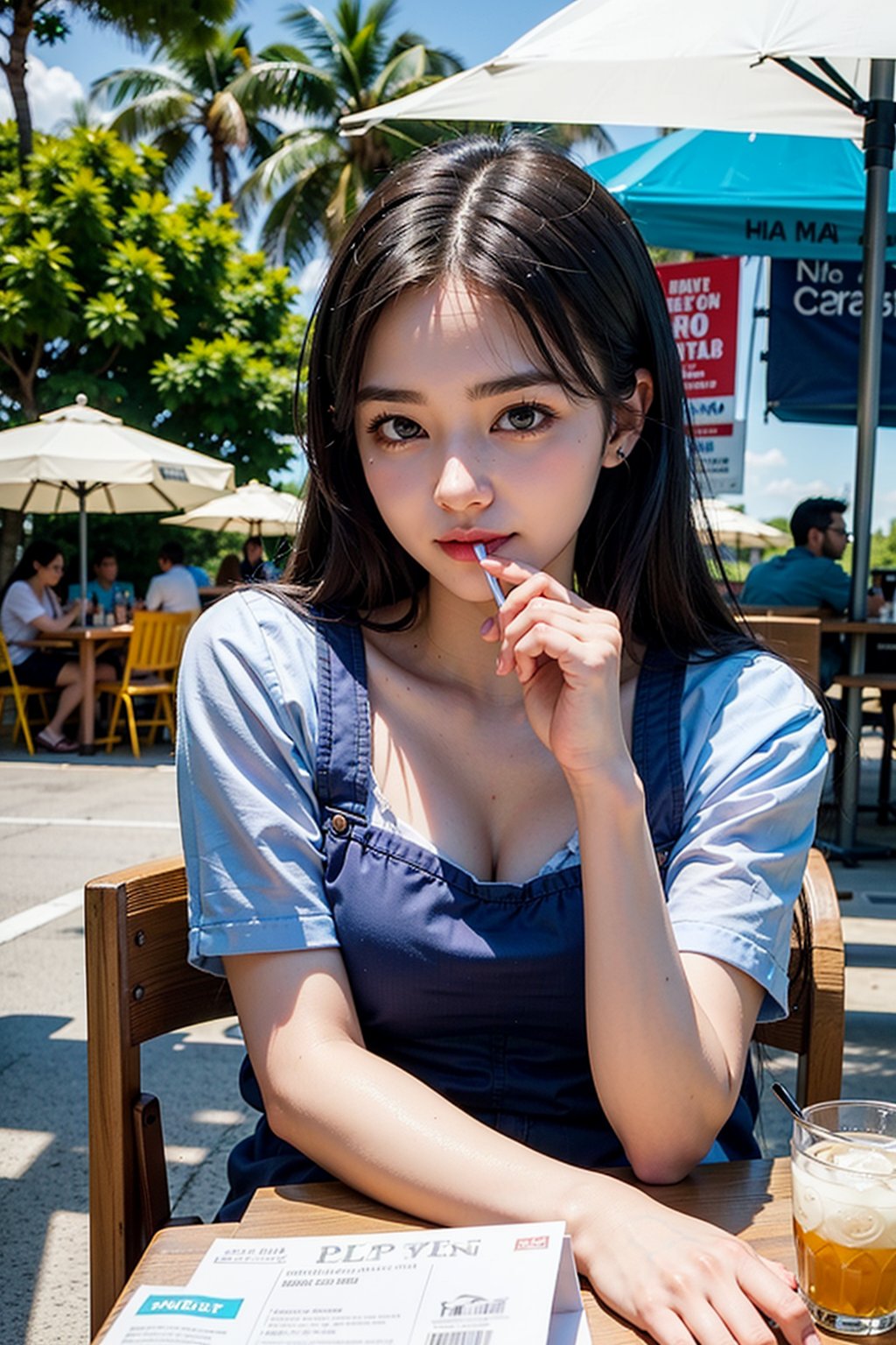 a young woman sitting at a picnic table, holding a straw in her mouth and sipping from a coconut. The table is surrounded by other picnic tables, and there is a food stand in the background. The woman appears to be enjoying her time outdoors.