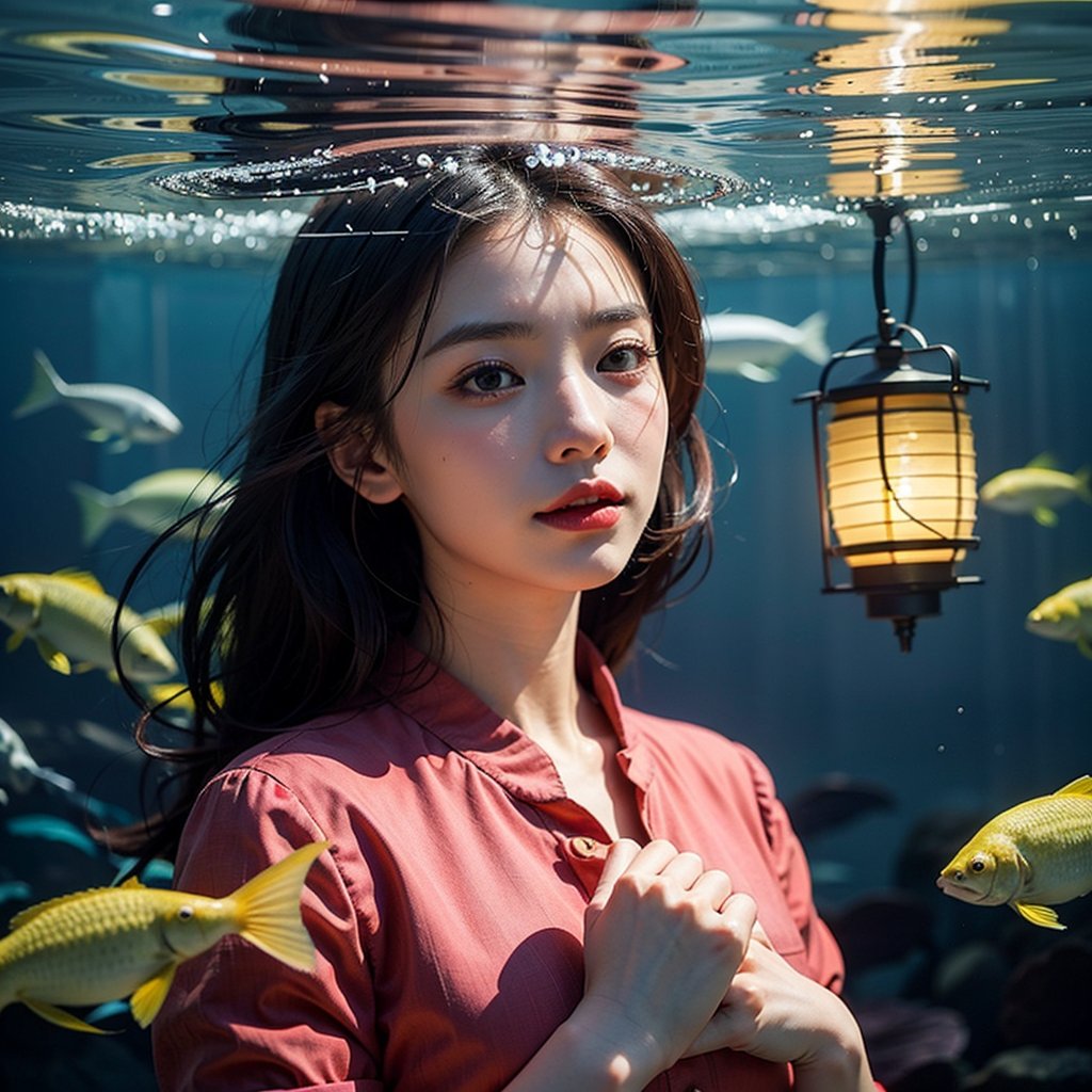 an Asian woman holding a lantern in the water, surrounded by a variety of colorful fish. She is wearing a red dress and has a peaceful expression on her face, as if she is lost in the depths of the ocean. The light from the lantern illuminates her face and the fish around her, creating a beautiful and serene atmosphere