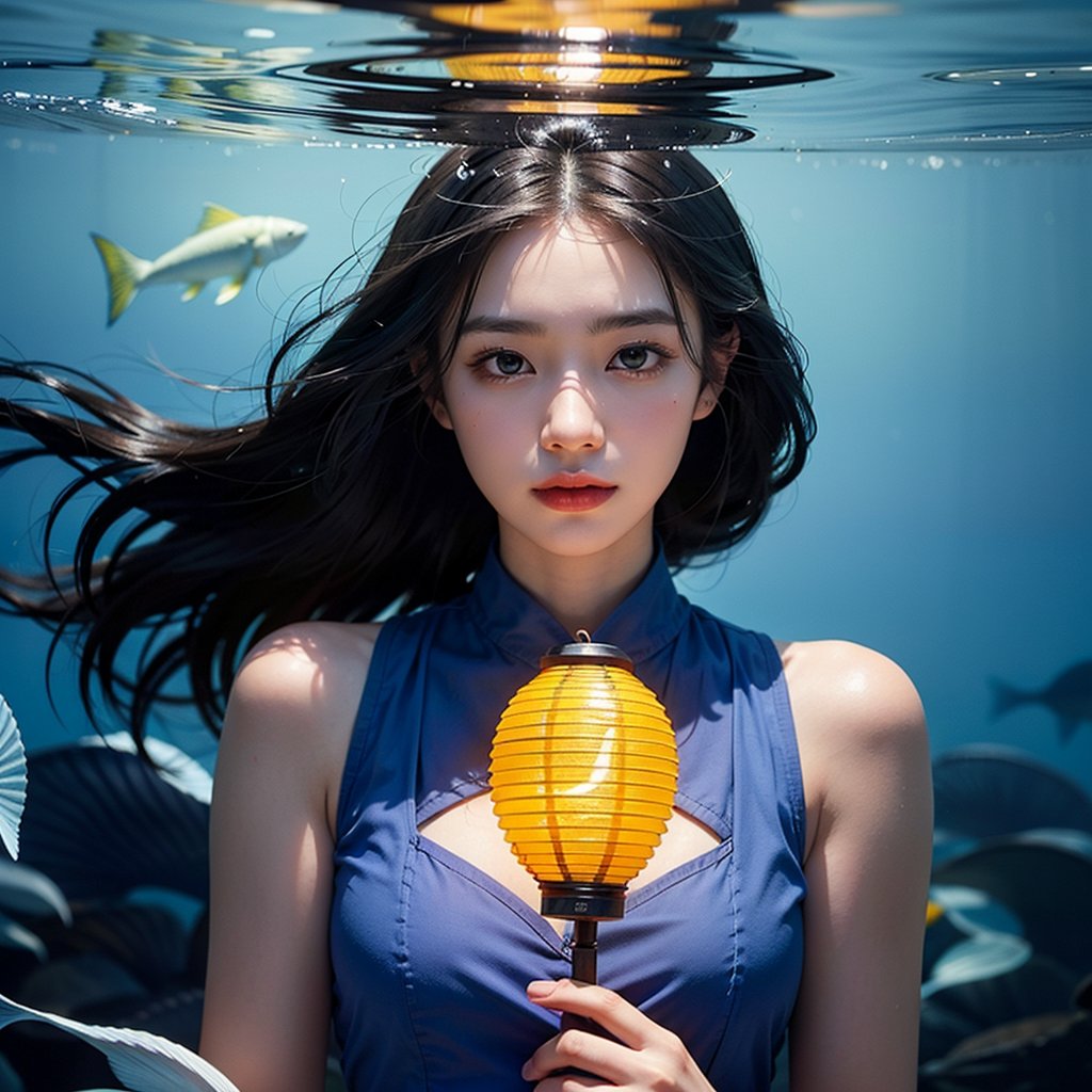 an Asian woman holding a lantern in the water, surrounded by a variety of colorful fish. She is wearing a blue dress and has a peaceful expression on her face, as if she is lost in the depths of the ocean. The light from the lantern illuminates her face and the fish around her, creating a beautiful and serene atmosphere