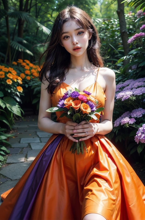 a woman in a vibrant orange dress standing amidst a surreal purple forest. The contrasting colors create a striking visual effect, drawing attention to her presence against the unusual backdrop. She holds a bouquet of orange flowers, mirroring the color of her dress and creating a sense of harmony within the composition. The purple hue of the forest evokes a sense of mystique and otherworldliness, suggesting that the image may be digitally manipulated for artistic effect. The woman's direct gaze and playful expression suggest confidence and a connection with the viewer. This photograph, with its vivid colors and whimsical setting, blurs the lines between reality and fantasy, inviting the viewer to embrace a world beyond the ordinary.