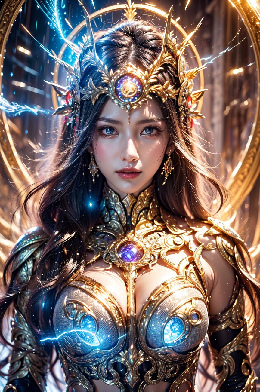 (goddess,venus,iron woman),busty,(Intricate luminous armor design:1.2),white plasma electromagnetic shield,crystal and silver entanglement,Star flash,(Persian Paisley clothes),glowing forehead