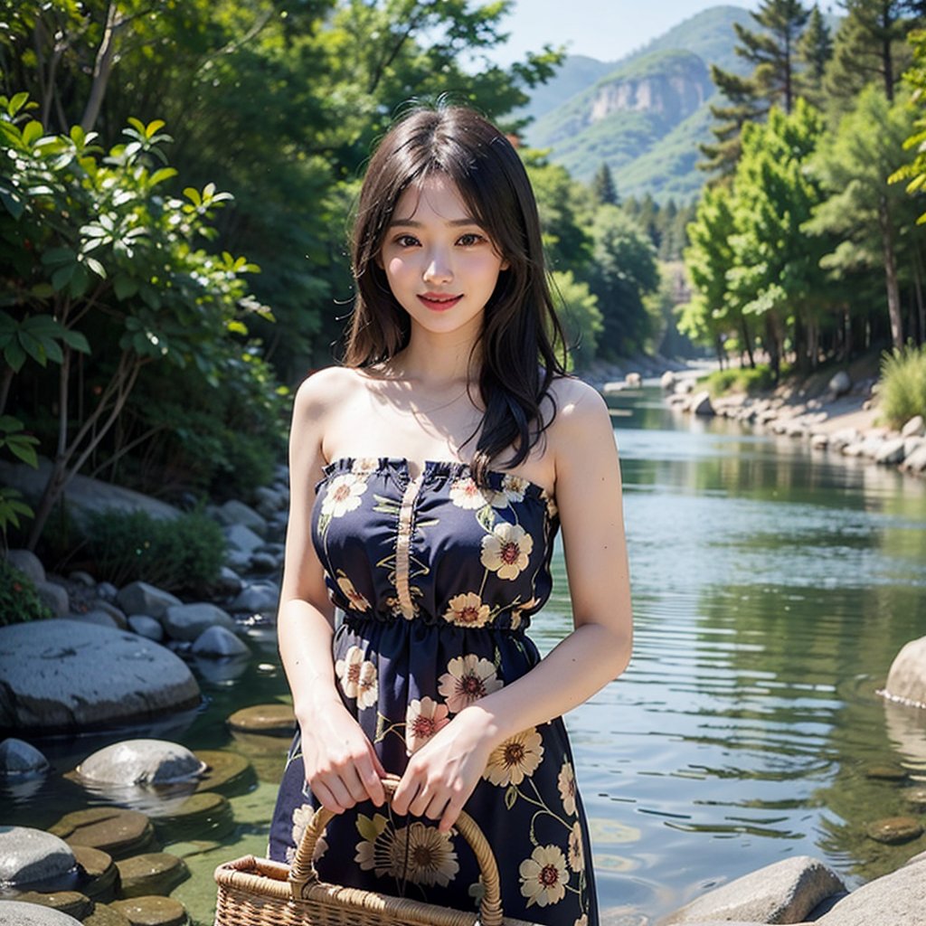 a young asian woman standing in a river. She is wearing a strapless, gold-colored dress with intricate patterns and designs. The dress is flowing in the water and she is holding a woven basket in her right hand. She has long dark hair and is smiling at the camera. The background is blurred, but it appears to be a natural setting with trees and rocks. The overall mood of the image is happy and carefree