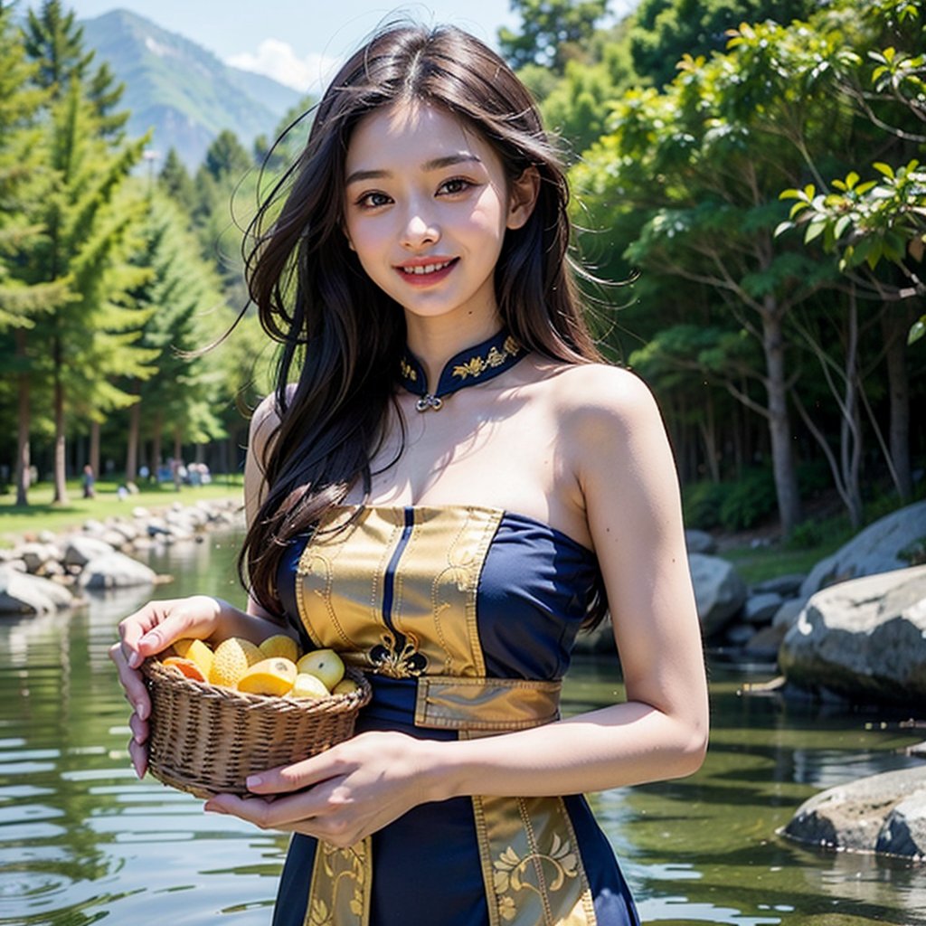 a young asian woman standing in a river. She is wearing a strapless, gold-colored dress with intricate patterns and designs. The dress is flowing in the water and she is holding a woven basket in her right hand. She has long dark hair and is smiling at the camera. The background is blurred, but it appears to be a natural setting with trees and rocks. The overall mood of the image is happy and carefree