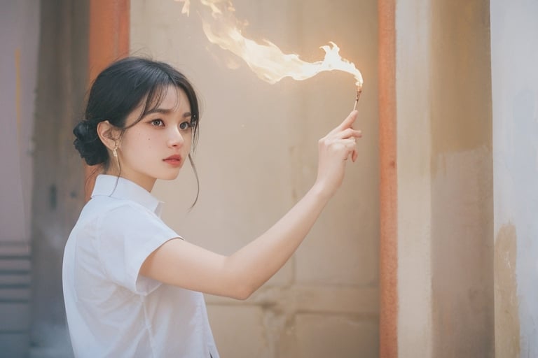 Firebending, long hair, single bun, psychic girl, 1girl, short hair, shirt, black hair, jewelry, white shirt, upper body, short sleeves, earrings, parted lips, single focus, mole, dark circles, lips, mole under eye , palace temple,