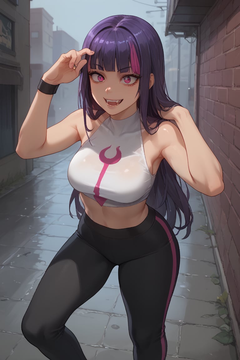  smile, fang, (score_9, score_8_up, score_7_up),masterpiece, high-quality,perfect anatomy, expressive eyes,(perfect face),neon,((in rainy alley)),hime cut,long hair, dyed bangs, dudou, sleeveless, bellybutton, yoga pants, black bracelet,jurims,triplefold