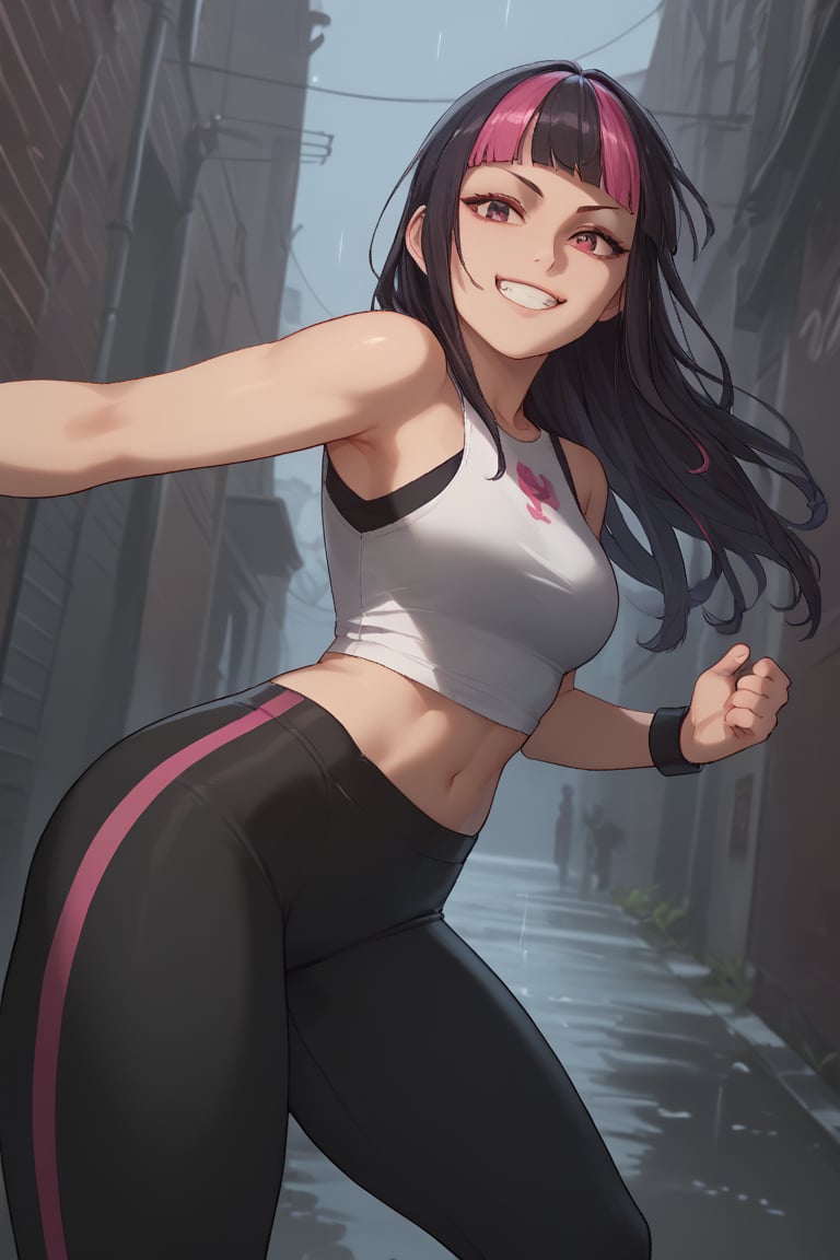  smile, fang, (score_9, score_8_up, score_7_up),masterpiece, high-quality,perfect anatomy, expressive eyes,(perfect face),neon,((in rainy alley)),hime cut,long hair, dyed bangs, dudou, sleeveless, bellybutton, yoga pants, black bracelet,jurims,kicking at viewer