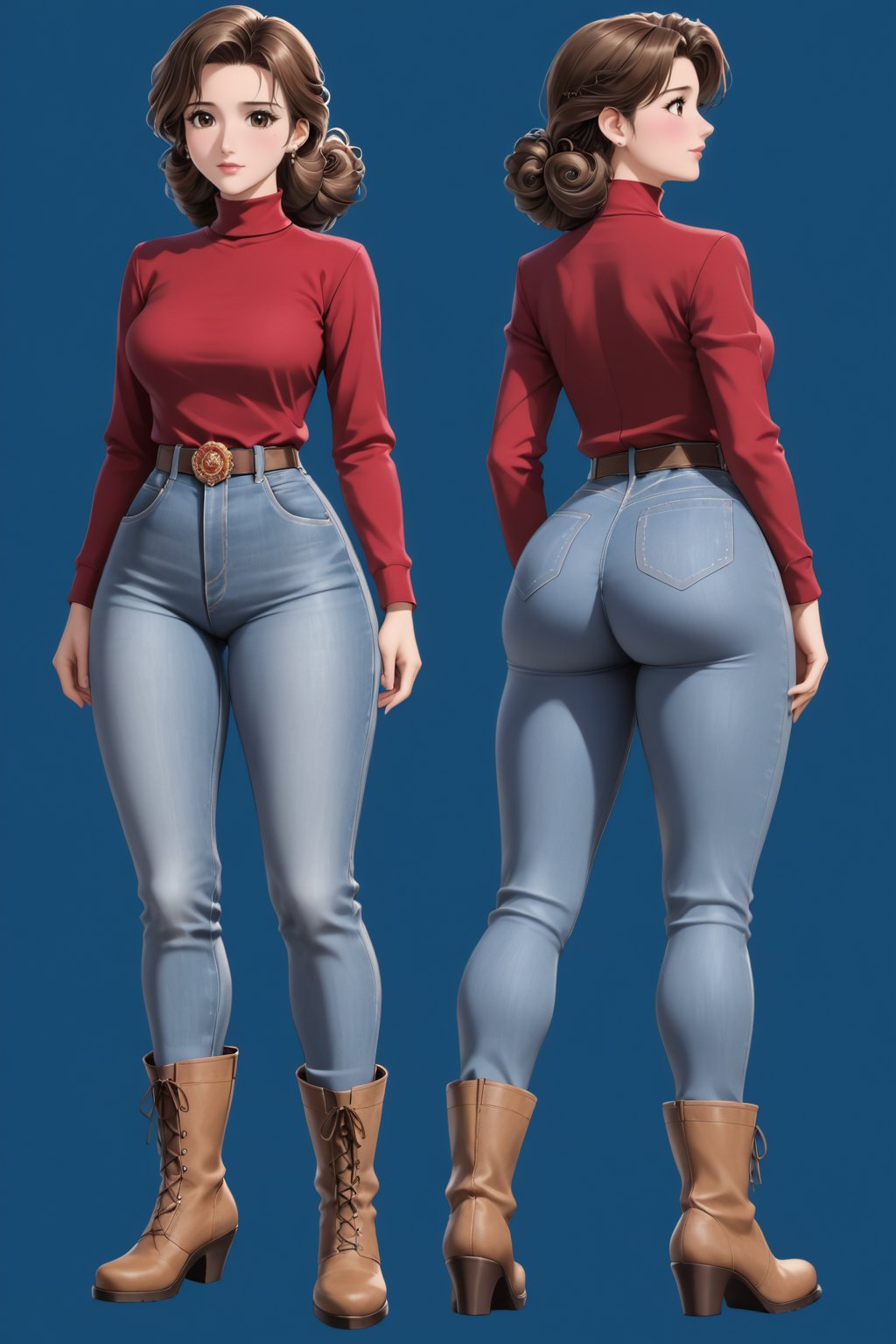 Age 24-year-old, red long sleeves turtleneck shirt, tight brown trousers pants, grey rain boots, curly curvy bang brown hair, brown eyes, curvy wide hips, Thicc Juicy jiggling Big Butt, 51 inches butt, character_sheet, masterpiece, best quality, detailed face, detailed buttocks and tight pants, 4K detailed, detailed hair, high-resolution, Shinji_Nishikawa_Artstyle, Shoujo_Anime,90s Aesthetic, 1980s \(style\), 