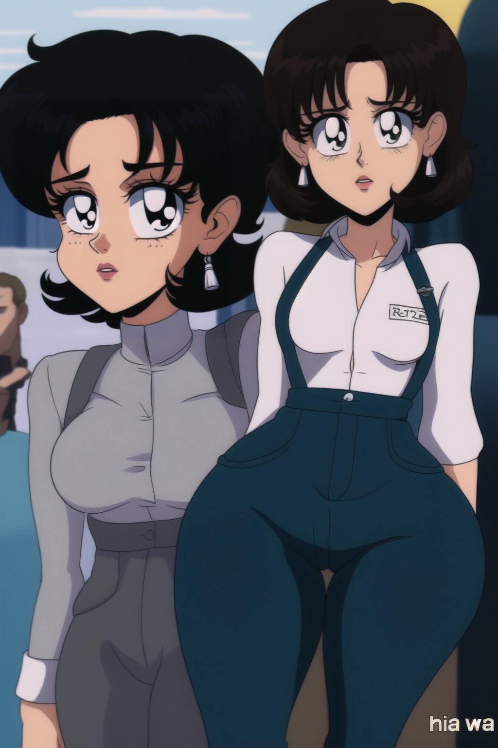 Miki Saegusa, short curly bob curvy bang brown hair, brown eyes, curvy wide hips, Bootylicious, white long sleeve shirt, black green suspenders pants, black footwear boots, earrings, back_view, looking-at-viewer, destroyed city, masterpiece,  best quality,  detailed face,  detailed eyes, high_resolution, Anime 1990s (style),