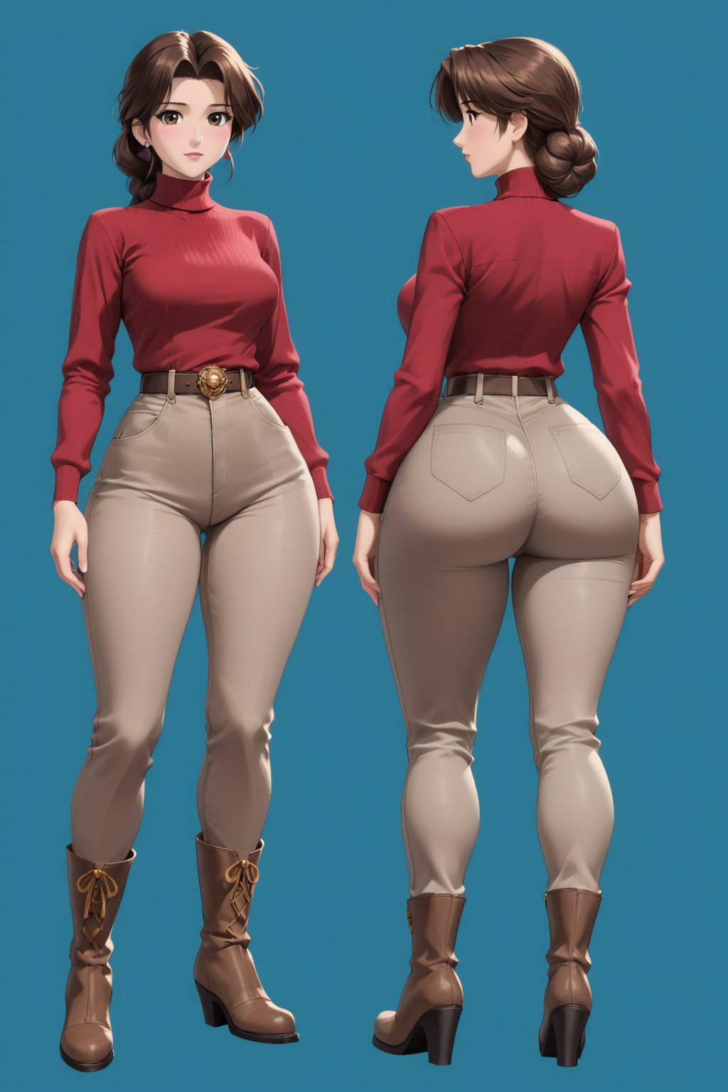 Age 40-year-old, red long sleeves turtleneck shirt, tight brown trousers pants, grey rain boots, puffy curvy bang brown hair, brown eyes, curvy wide hips, Thicc Juicy jiggling Big Butt, 46 inches butt, character_sheet, masterpiece, best quality, detailed face, detailed buttocks and tight pants, 4K detailed, high-resolution, Shinji_Nishikawa_Artstyle, Shoujo_Anime,90s Aesthetic, 1980s \(style\), 