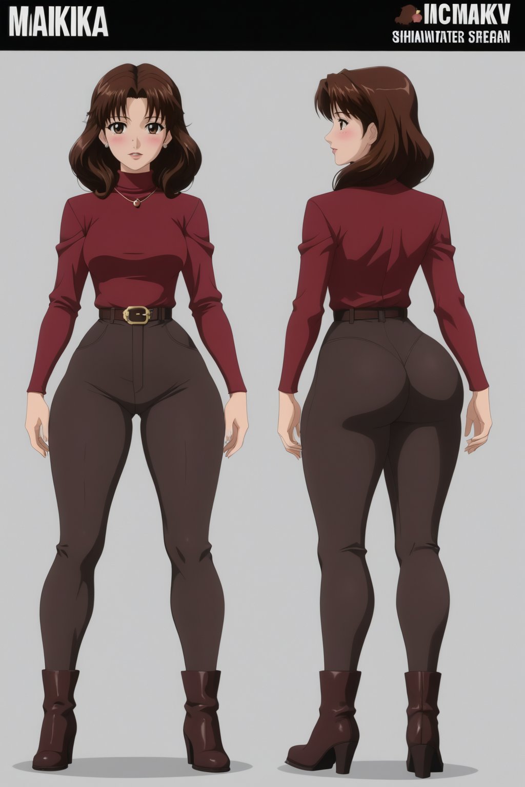 Age 24-year-old, red long sleeves turtleneck shirt, tight dark brown work trousers, dark grey jumpboots, long curvy bob bang brown hair, brown eyes, curvy wide hips, Thicc Bulge Big Butt, 51 inches butt, blushing in embarrassment, different poses, different facial expressions, character_sheet, masterpiece, best quality, detailed hair and face, detailed buttocks and tight pants, 4K detailed, high-resolution, Shinji_Nishikawa_Artstyle, Shoujo_Anime,90s Aesthetic, 1980s \(style\),multiple views of the same character,model sheet,chatacter sheet