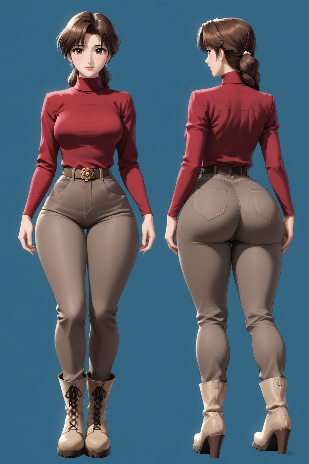 Age 40-year-old, red long sleeves turtleneck shirt, tight brown trousers pants, grey rain boots, long curvy bang brown hair, brown eyes, curvy wide hips, Thicc Juicy jiggling Big Butt, 46 inches butt, character_sheet, masterpiece, best quality, detailed face, detailed buttocks and tight pants, 4K detailed, high-resolution, Shinji_Nishikawa_Artstyle, Shoujo_Anime,90s Aesthetic, 1980s \(style\), 