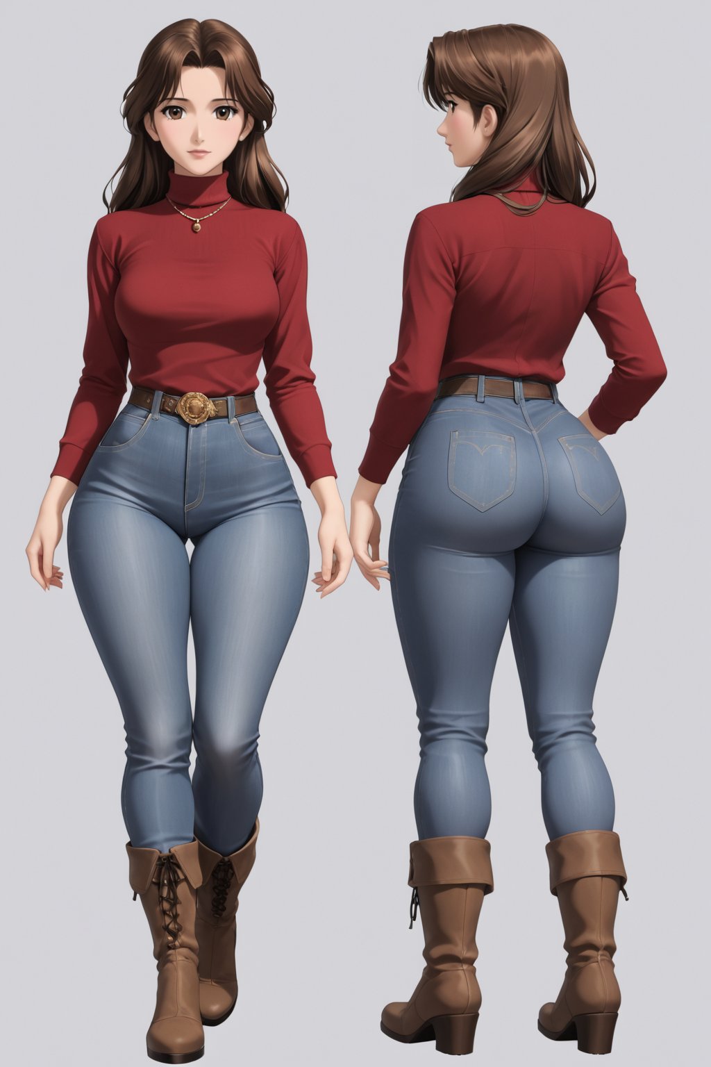 Age 24-year-old, red long sleeves turtleneck shirt, tight brown trousers pants, grey rain boots, long curvy bang brown hair, brown eyes, curvy wide hips, Thicc Juicy jiggling Big Butt, 46 inches butt, character_sheet, masterpiece, best quality, detailed face, detailed buttocks and tight pants, 4K detailed, high-resolution, Shinji_Nishikawa_Artstyle, Shoujo_Anime,90s Aesthetic, 1980s \(style\), 