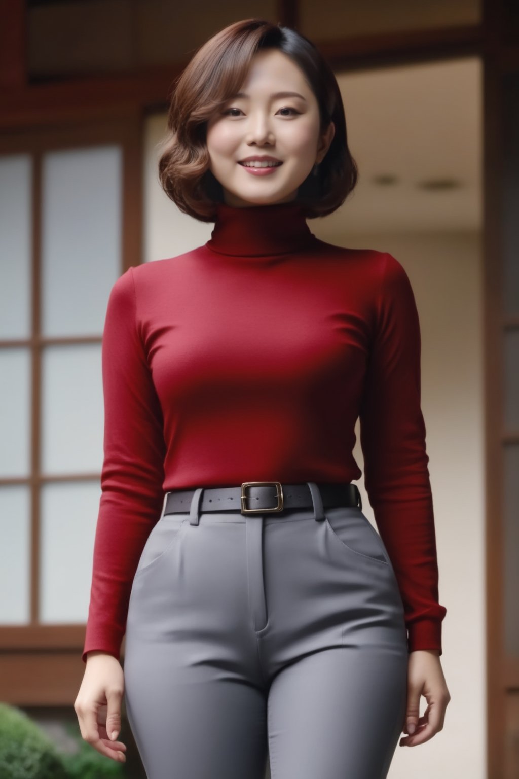 Miki Saegusa, Megumi Odaka, Japanese actress, sole_female, 24 years old, red long sleeves turtleneck shirt, (grey pants)), curly short bob curvy bang brown hair, brown eyes, curvy wide hips, Thicc Juicy Big Butt, Bootylicious, hands on hips, back_view, looking-at-viewer, outside of the house, masterpiece, best quality, detailed face, detailed, highres, cinematic moviemaker style, ,