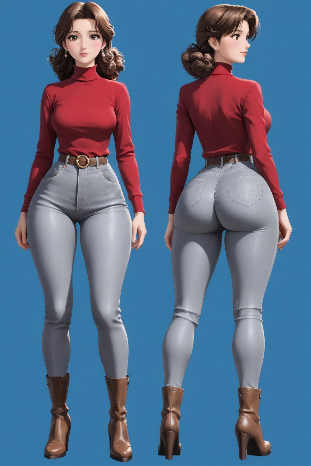 Age 24-year-old, red long sleeves turtleneck shirt, tight brown trousers pants, grey rubber boots, curly curvy bang brown hair, brown eyes, curvy wide hips, Thicc Juicy jiggling Big Butt, 40 inches butt, character_sheet, masterpiece, best quality, detailed face, detailed buttocks and tight pants, 4K detailed, detailed hair, high-resolution, Shinji_Nishikawa_Artstyle, Shoujo_Anime,90s Aesthetic, 1980s \(style\), 