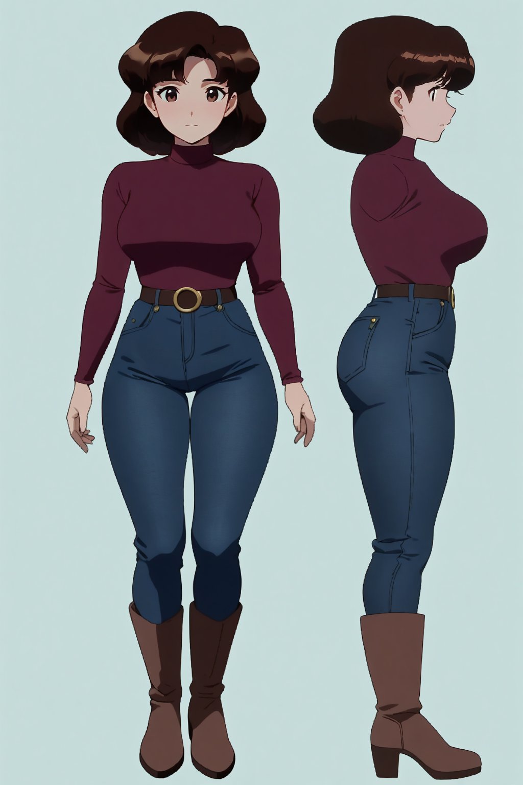 1girl, solo, curvy bang brown hair, breasts, looking at viewer, large breasts, brown hair, brown eyes, standing, full body, boots, 46 Inc Butt, pants, sweater, gray footwear, grass, denim, brown tight pants, red sweater, masterpiece, best quality, detailed face, HD detailed, high-resolution, Shinji_Nishikawa_Artstyle, Shoujo_Anime,90s Aesthetic, reference sheet, 1980s \(style\),