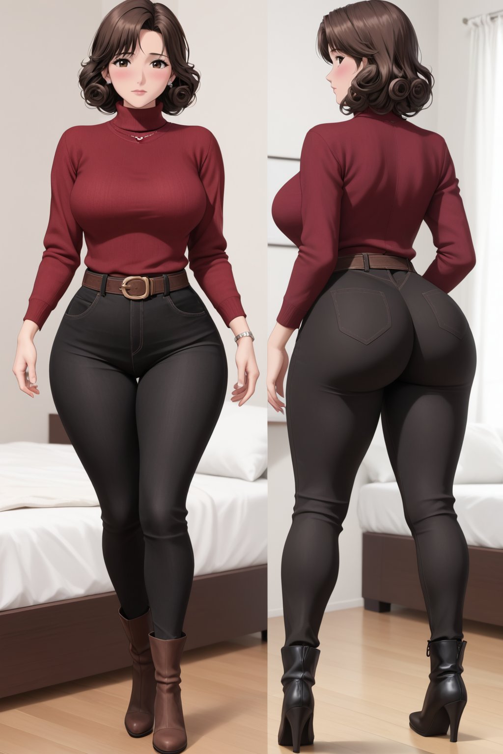 1milf, 24-year-old, hair, breasts, looking at viewer, blush, bangs, large breasts, curly curvy bang brown hair, shirt, long sleeves, white background, closed mouth, standing, brownn eyes, full body, ass, sidelocks, thighs, shoes, belt, realistic pants, indoors, from behind, sweater, multiple views, turtleneck, grey timbs boots, thick thighs, denim, curvy, wide hips, black trousers, brown belt, tight, red sweater, laptop, pantylines, Thicc Juicy jiggling Bulge Big Butt, 51 inches butt, masterpiece, best quality, detailed face, 4K detailed, high-resolution, detailed butt and hair, Shinji_Nishikawa_Artstyle, Shoujo_Anime,90s Aesthetic, 1980s \(style\),