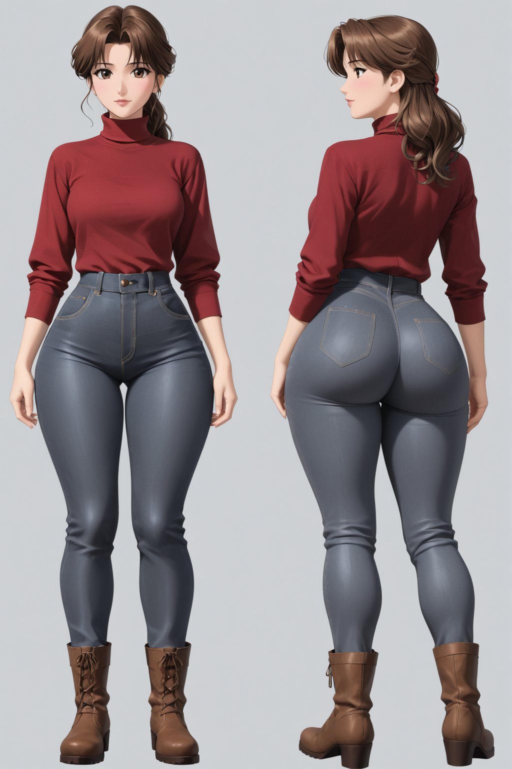 Age 40-year-old, red long sleeves turtleneck shirt, tight brown trousers pants, grey rain boots, long curvy bang brown hair, brown eyes, curvy wide hips, Thicc Juicy jiggling Big Butt, 46 inches butt, character_sheet, masterpiece, best quality, detailed face, detailed buttocks and tight pants, 4K detailed, high-resolution, Shinji_Nishikawa_Artstyle, Shoujo_Anime,90s Aesthetic, 1980s \(style\), 