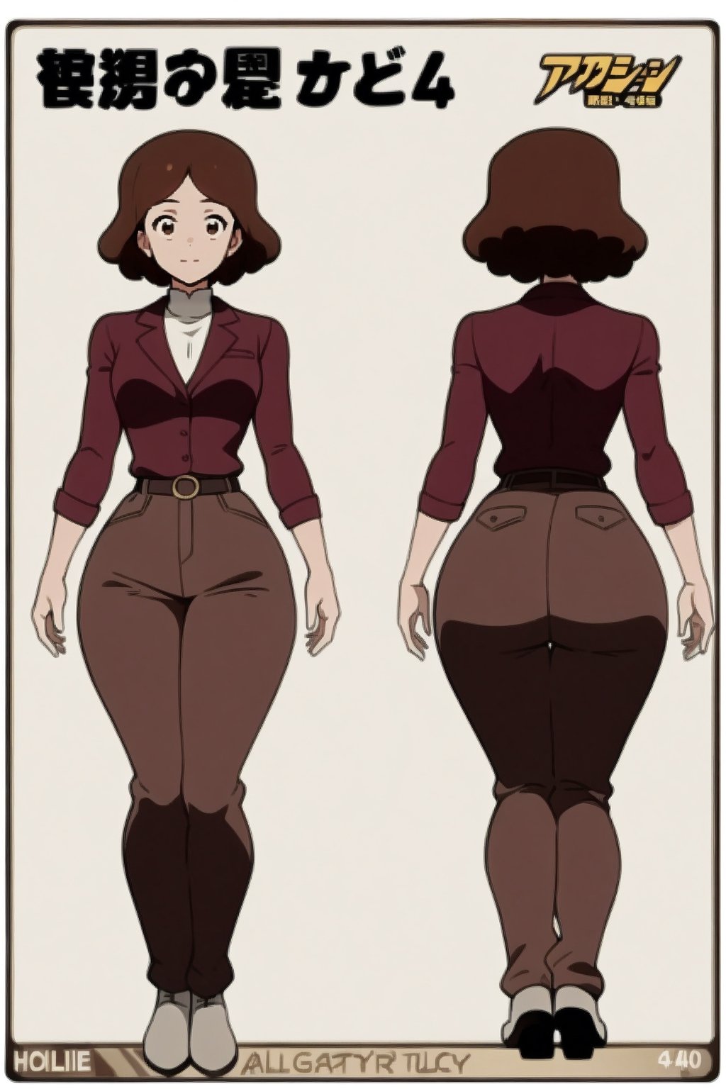 Hollie Carter, age 24 years old, red long sleeves turtleneck shirt,tight brown trousers, grey boots, shirt neck length curly bob curvy bang brown hair, brown eyes, curvy wide hips, Thicc Juicy Big Butt, 40 inches butt, Bootylicious, back_view, looking-at-viewer, character_sheet, masterpiece, best quality, detailed face, HQ detailed, highres, Shinji_Nishikawa_Artstyle, shoujo_anime 