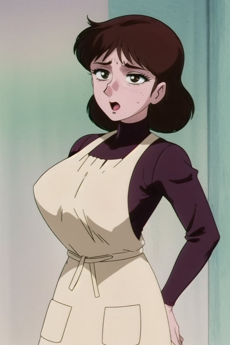 sole_female, 35 years old,((red violet long sleeves turtleneck shirt)), ((white tan apron dress)), curly bob curvy bang brown hair, brown eyes, ((breast_inflation)), large breast, curvy wide hips, Bootylicious, breasts fondling, 
looking-at-viewer, scared and afraid, masterpiece, best quality, detailed face, detailed, highres, cinematic moviemaker style, 