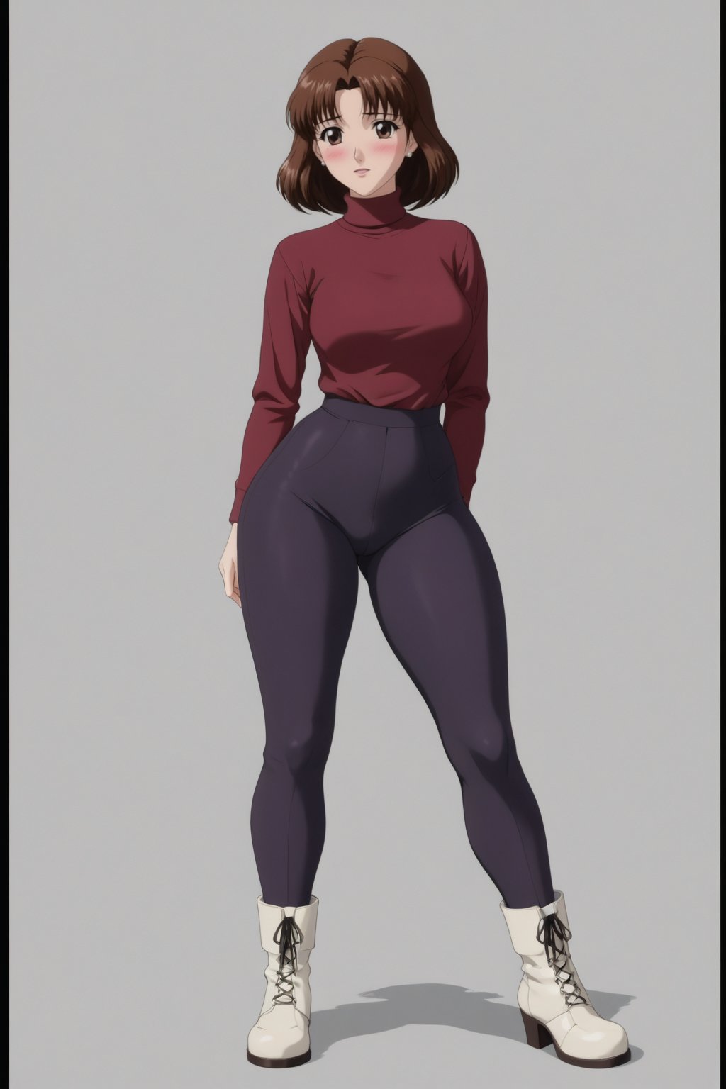 Age 24-year-old, red long sleeves turtleneck shirt, tight black double front washed duck loose fit pants, grey jumpboots, long curvy bob bang brown hair, brown eyes, curvy wide hips, Thicc Juicy jiggling Bulge Big Butt, 51 inches butt, blushing in embarrassment, character_sheet, masterpiece, best quality, detailed face, detailed buttocks and tight pants, 4K detailed, high-resolution, Shinji_Nishikawa_Artstyle, Shoujo_Anime,90s Aesthetic, 1980s \(style\), 