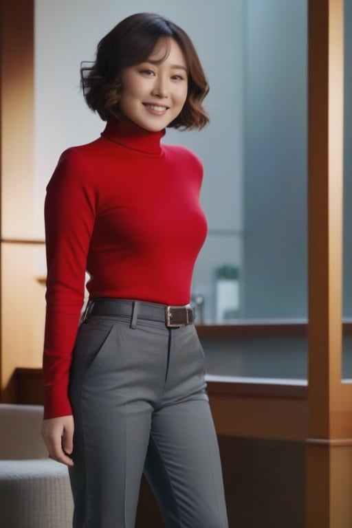 Miki Saegusa, Megumi Odaka, Japanese actress, sole_female, 24 years old, red long sleeves turtleneck shirt, (grey pants)), curly short bob curvy bang brown hair, brown eyes, curvy wide hips, Thicc Juicy Big Butt, Bootylicious, hands on hips, back_view, looking-at-viewer, outside of the house, masterpiece, best quality, detailed face, detailed, highres, cinematic moviemaker style, ,