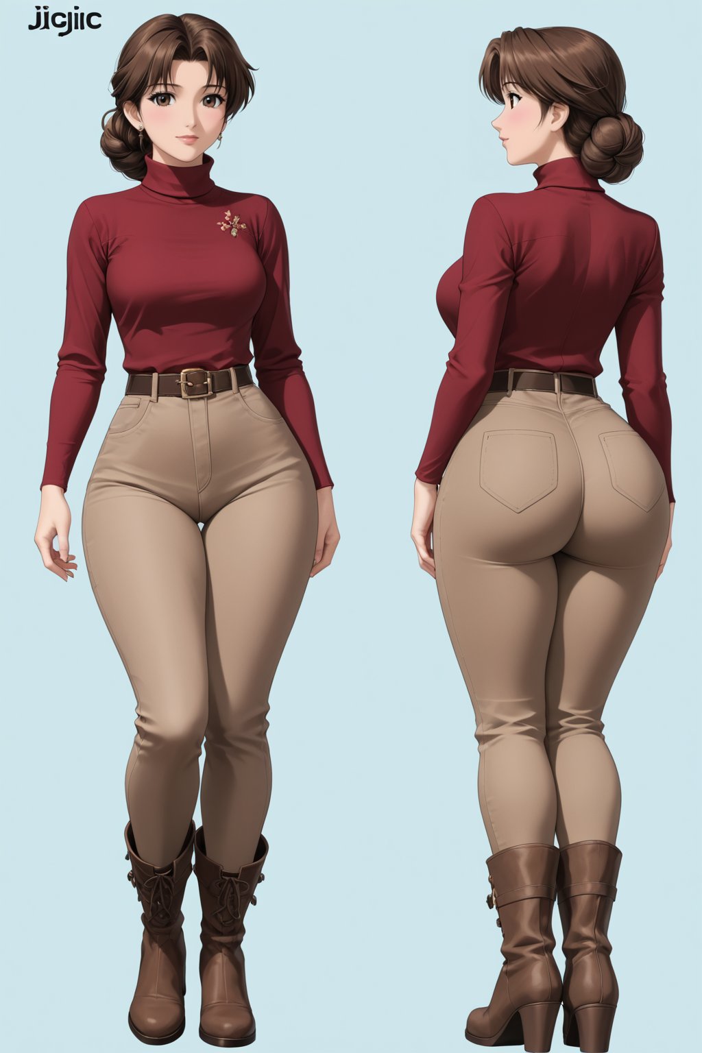 Age 40-year-old, red long sleeves turtleneck shirt, tight brown trousers pants, grey rain boots, long curvy bang brown hair, brown eyes, curvy wide hips, Thicc Juicy jiggling Big Butt, 46 inches butt, character_sheet, masterpiece, best quality, detailed face, detailed buttocks and tight pants, 4K detailed, high-resolution, Shinji_Nishikawa_Artstyle, Shoujo_Anime,90s Aesthetic, 1980s \(style\), 