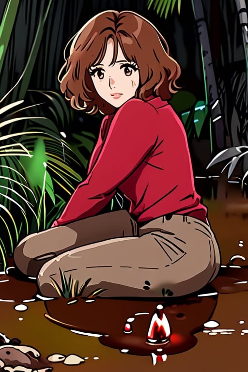 jennifer love hewitt, red long sleeves turtleneck shirt,tight brown trousers, grey boots, curly short bob curvy bang brown hair, brown eyes, curvy wide hips, Thicc Juicy Big Butt, Bootylicious, ((dirty and muddy cover with bloody meat stake chunks)), looking-at-viewer, crying_expression,sitting on the muddy ground, stormy jungle, masterpiece, best quality, detailed face, detailed, highres, cinematic moviemaker style,soakingwetclothes