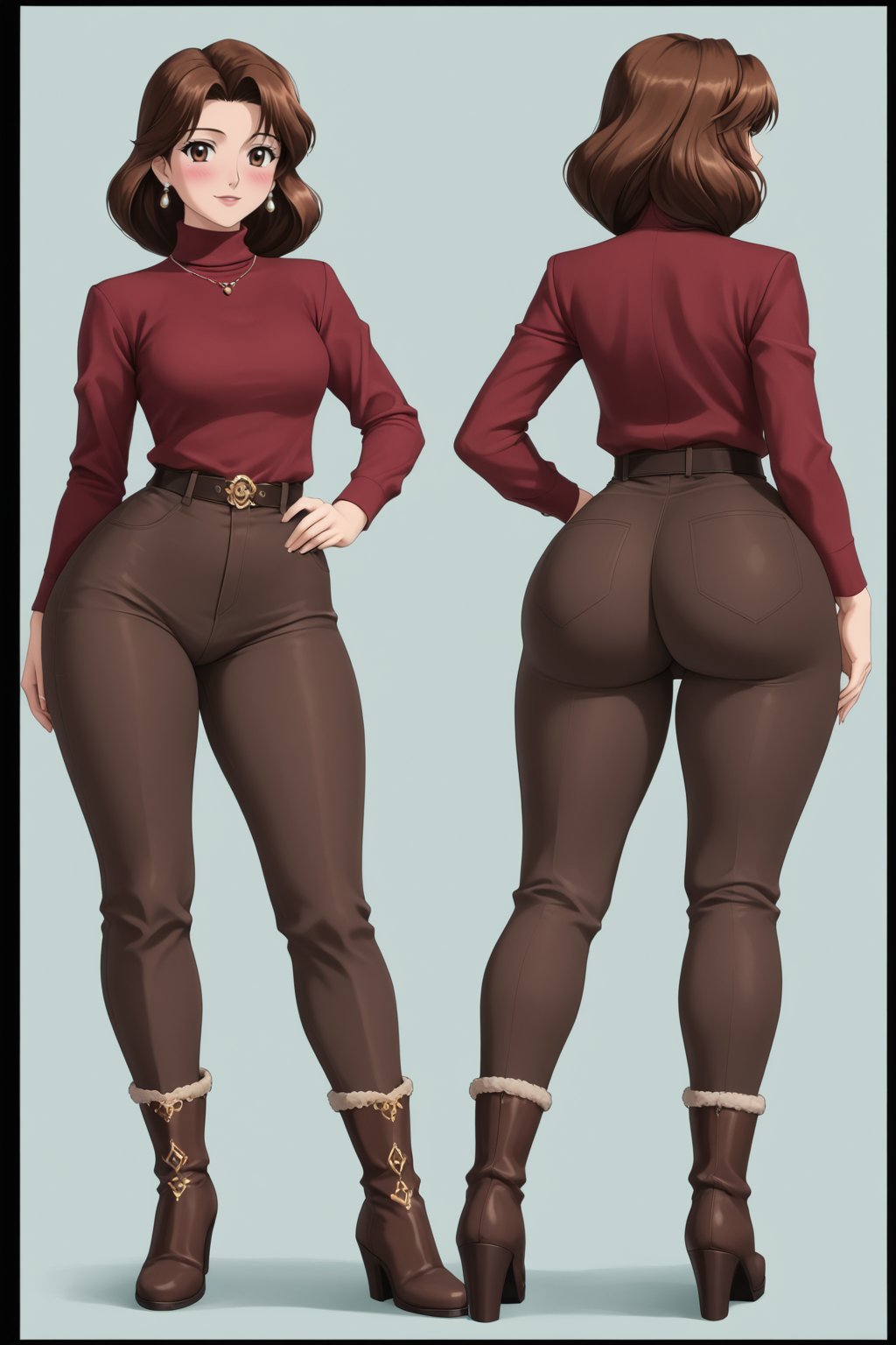 Age 24-year-old, red long sleeves turtleneck shirt, tight brown trousers pants, grey rain boots, long curvy bang brown hair, brown eyes, curvy wide hips, Thicc Juicy jiggling Bulge Big Butt, 51 inches butt, blushing in expression, hand_on_butt,  character_sheet, masterpiece, best quality, detailed face, detailed buttocks and tight pants, 4K detailed, high-resolution, Shinji_Nishikawa_Artstyle, Shoujo_Anime,90s Aesthetic, 1980s \(style\), 