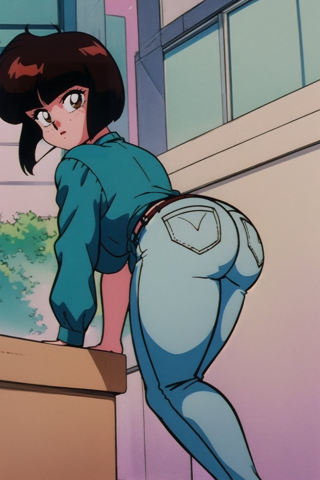 TendouNabiki, ((white red stripe shirt)), ((blue jeans)), curly short bob curvy bang brown hair, brown eyes, curvy wide hips, thicc juicy butt, Bootylicious, bending over in the street showing her butt, looking-at-viewer, masterpiece, best quality, detailed face, detailed, highres, cinematic moviemaker style,EPTakeuchiNaokoStyle