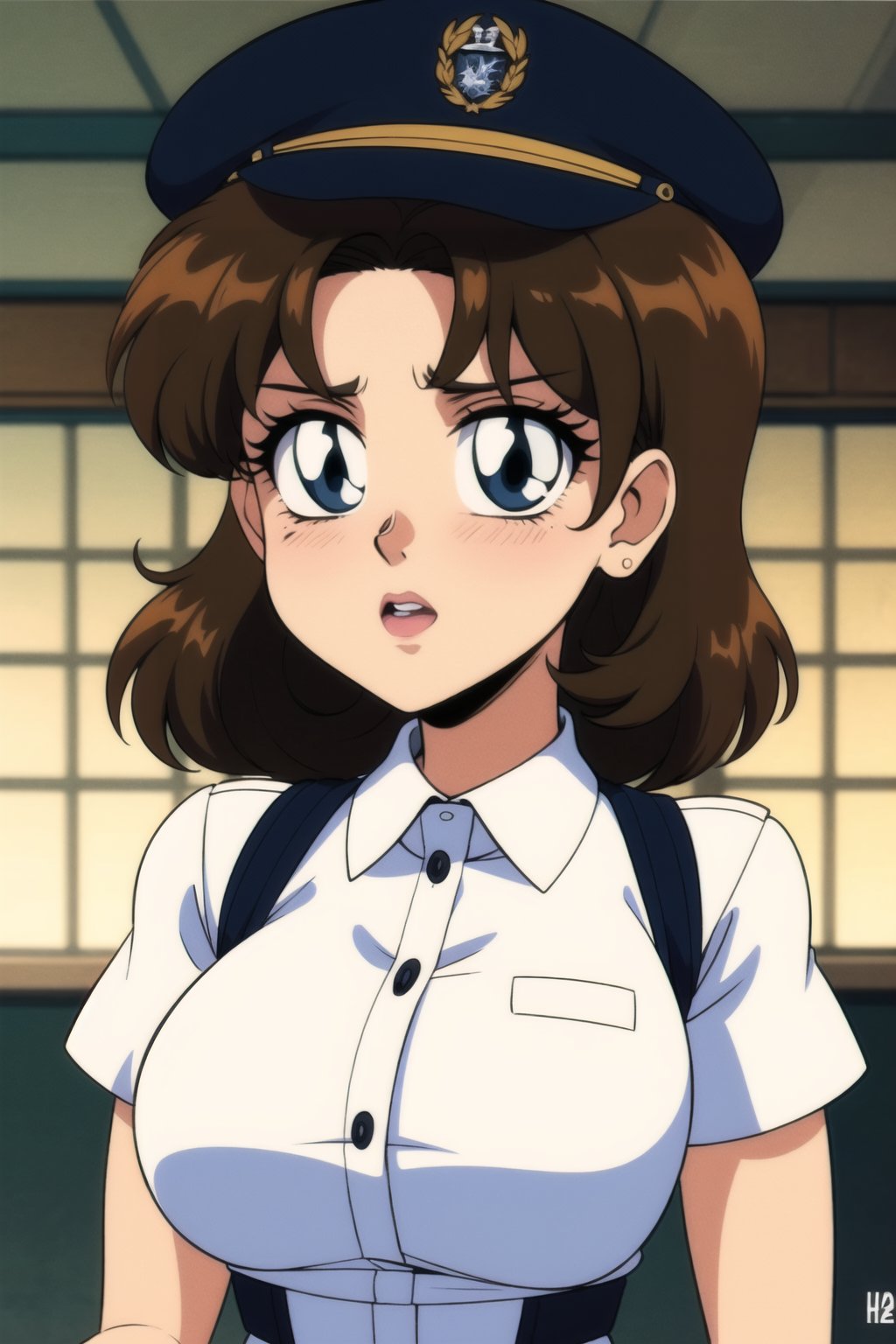 1girl, looking at viewer, curvy wave brown hair, shirt, 1girl, hat, white shirt, upper body, parted lips, solo focus, collared shirt, blurry, uniform, black suspenders, military cap, masterpiece, best quality, detailed face, HD detailed, high_resolution, Shinji_Nishikawa_Artstyle, Shoujo_Anime,90s Aesthetic,retro artstyle